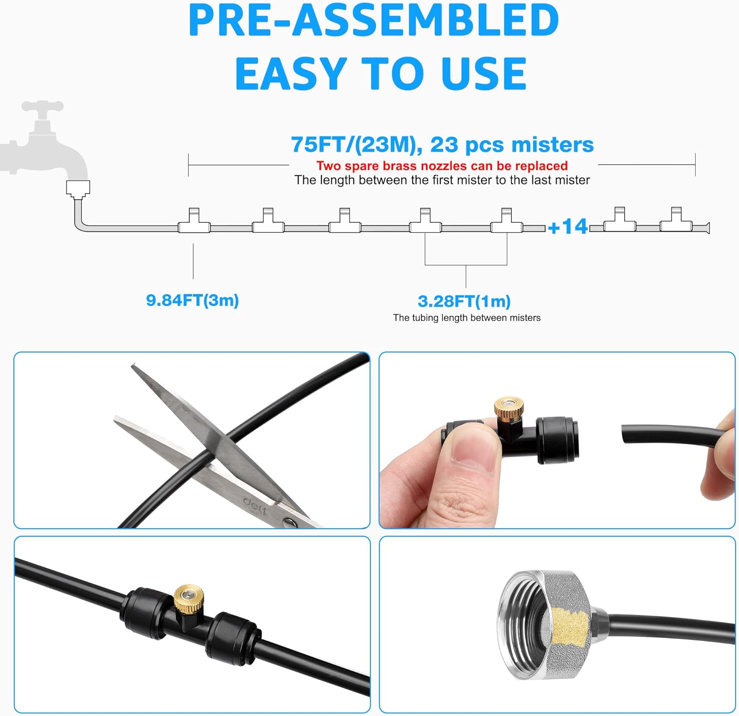 MIXC Misters for Outside Patio, 75FT (23M) Misting Line+23 Mist Nozzles+3/4" Brass Adapter, Outdoor Misting Cooling System for Patio Backyard Garden Greenhouse Horse Corral