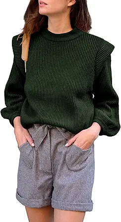 PRETTYGARDEN Women's Sweaters Casual Long Lantern Sleeve Crewneck Ribbed Knit Pullover Striped Jumper Tops Blouse