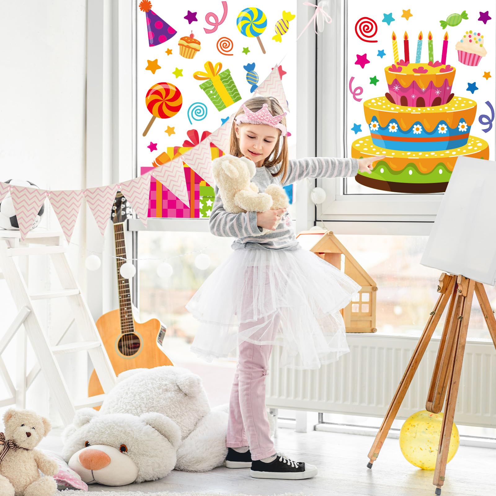 Whaline 6 Sheet Happy Birthday Window Clings Colorful Birthday Cake Balloon Present Reusable Window Decals for Home Decor Anniversary Party Supplies
