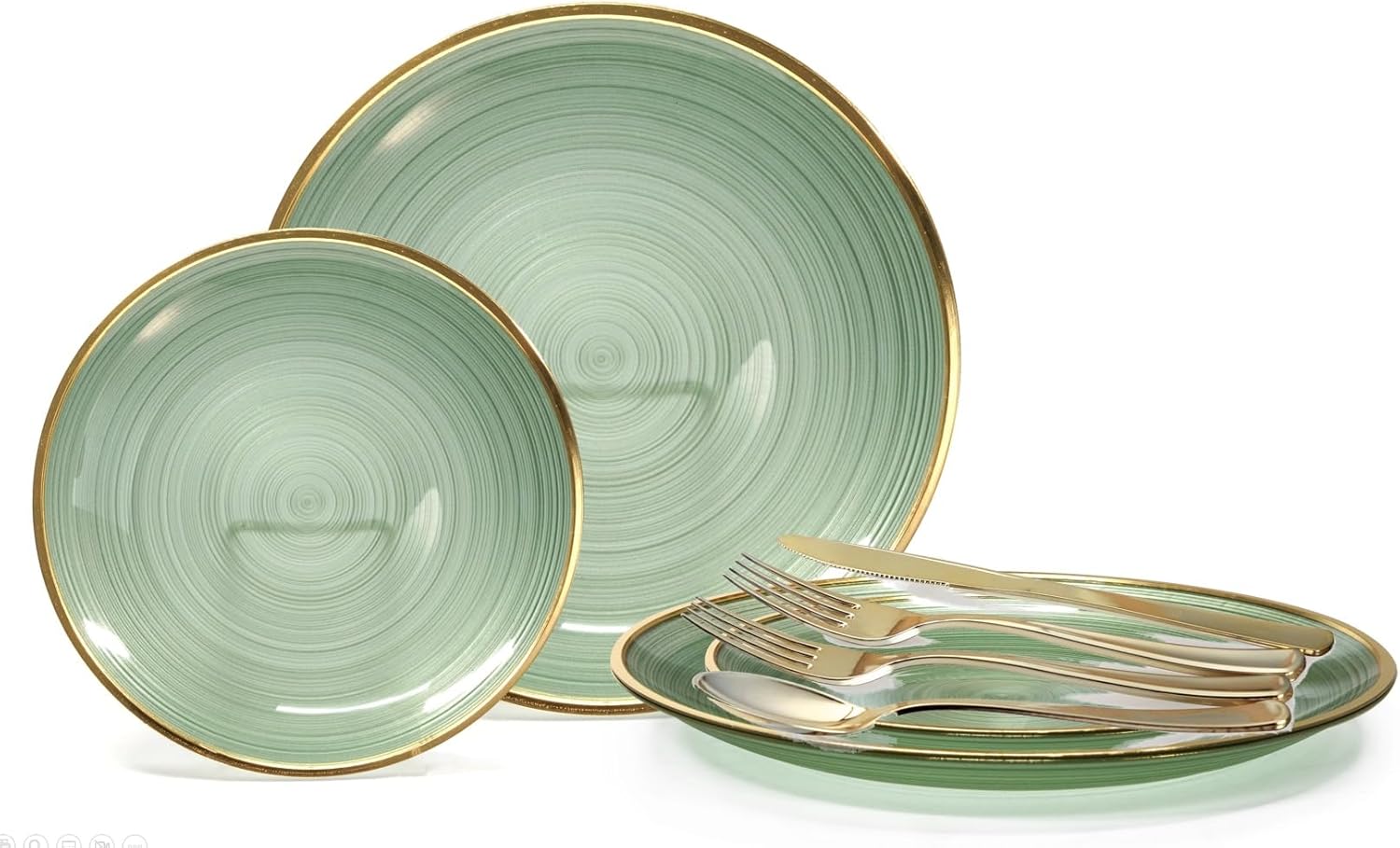 " OCCASIONS " 150 Piece set (25 Guests)-Wedding Plastic Plates & cutlery -Disposable Dinnerware 10'', 7'' + Gold Silverware w/double fork (Belize in Green & Gold)
