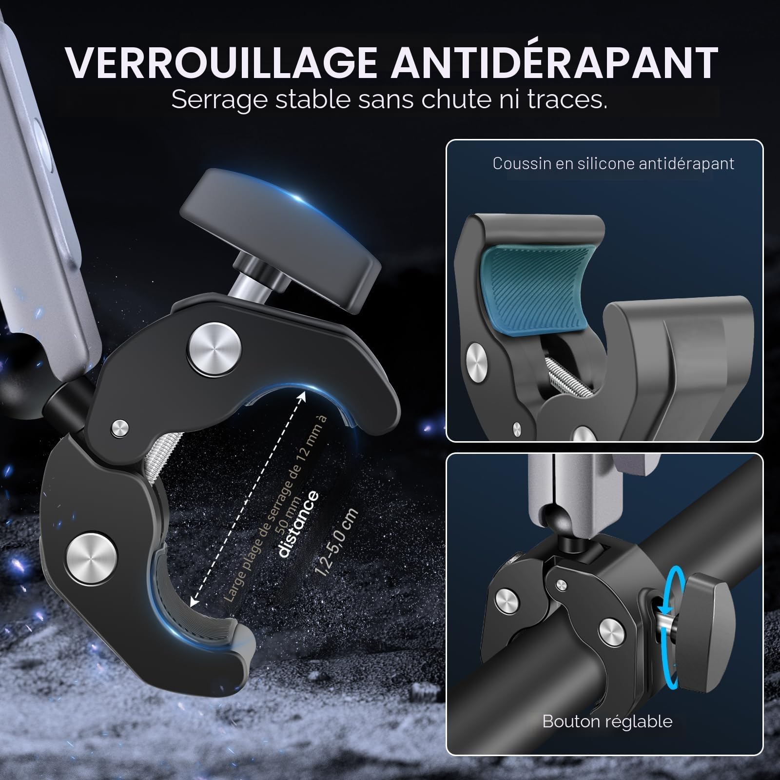 REYGEAK Support de caméra avec double tête sphérique à 360° avec vis 1/4, support de guidon de vélo avec double griffe pour GoPro Max Hero 13/12/11/10/9