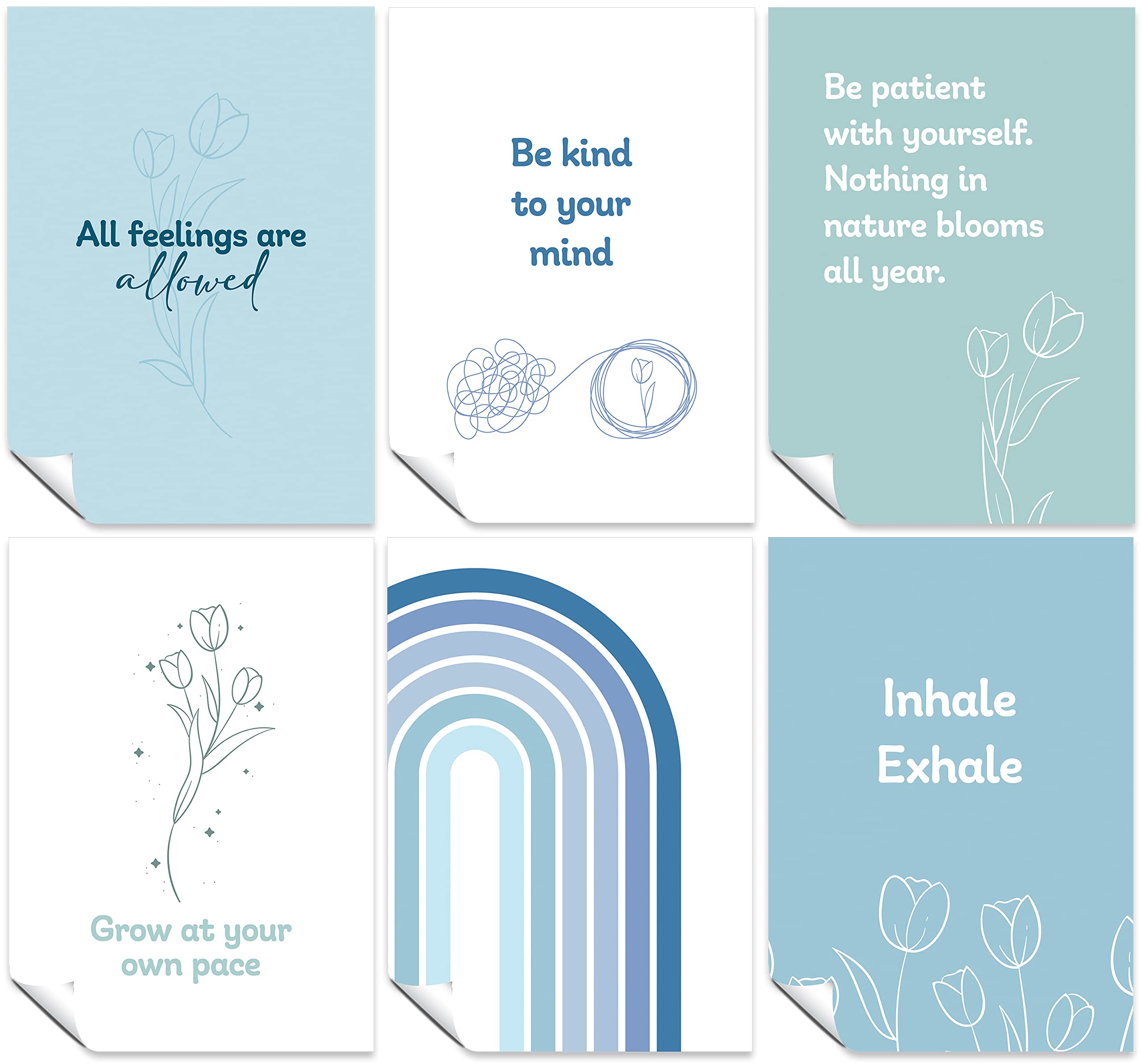 Mental Health Awareness Posters Set of 6 A4 Poster Prints & Wall Art Decor All Feelings are Allowed, Be Kind to Your Mind, Be Patient, Grow at Your Own Pace, Inhale Exhale, & Rainbow