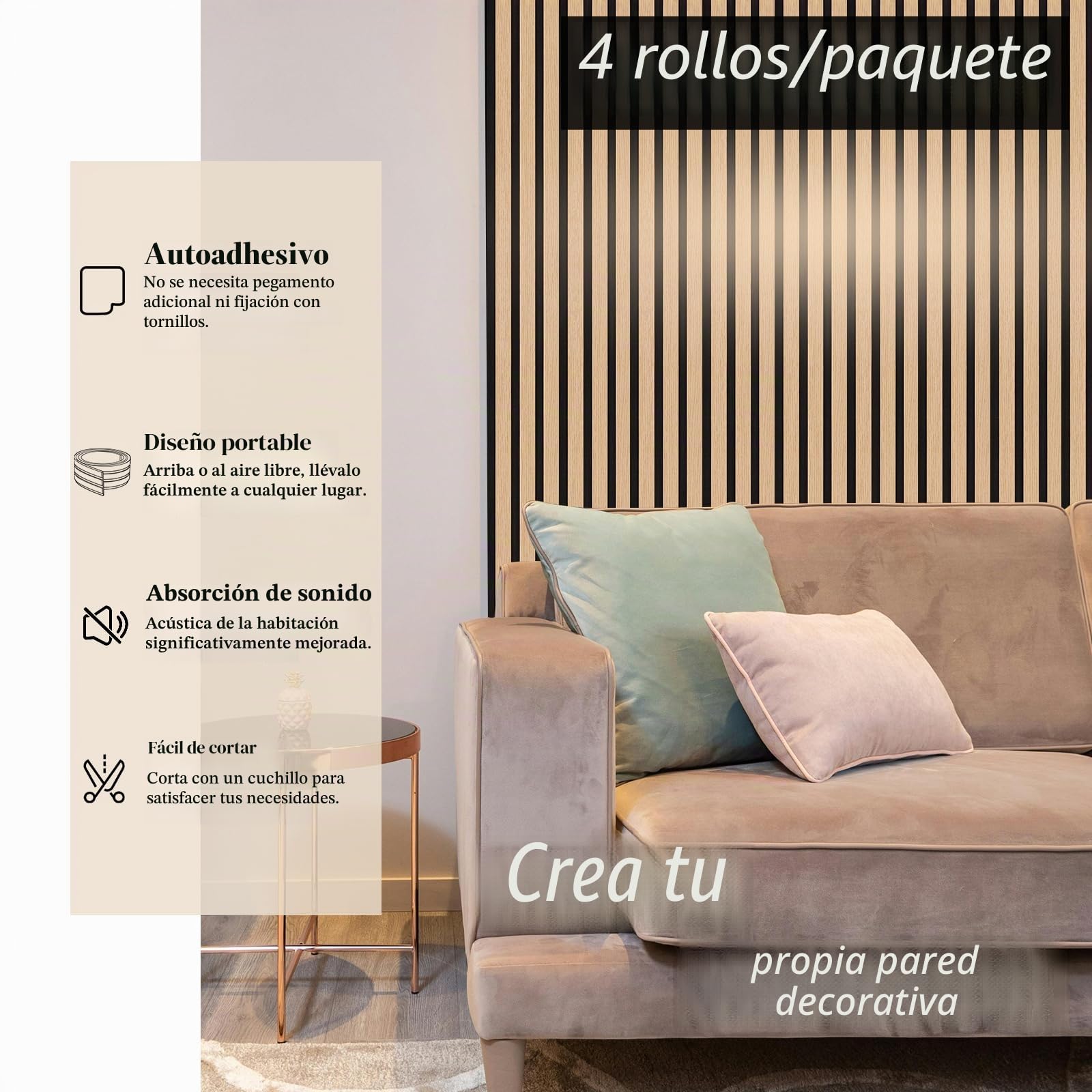 Paneles de pared de listones autoadhesivos, 4 rollos de paneles decorativos de pared para despegar y pegar, panel de madera 3D para paredes (2,5 metros/rollo)
