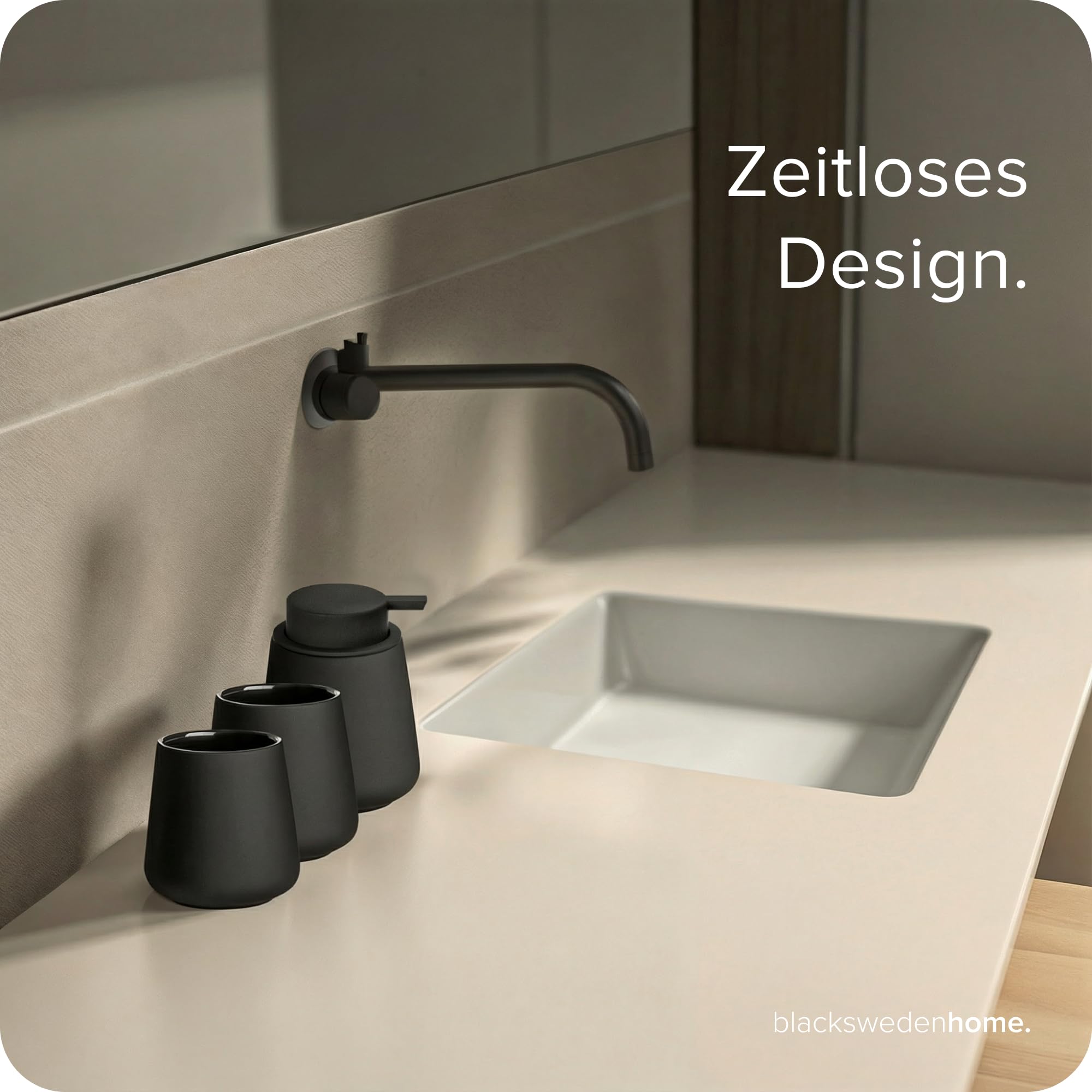 blackswedenhome. Badezimmer Set Schwarz - Hochwertiges Keramik Set - Seifenspender schwarzs, Zahnputzbecher, Toilettenbürste mit Silikonborsten - Nordic Design, Badaccessoires matt, Seifenspender Bad