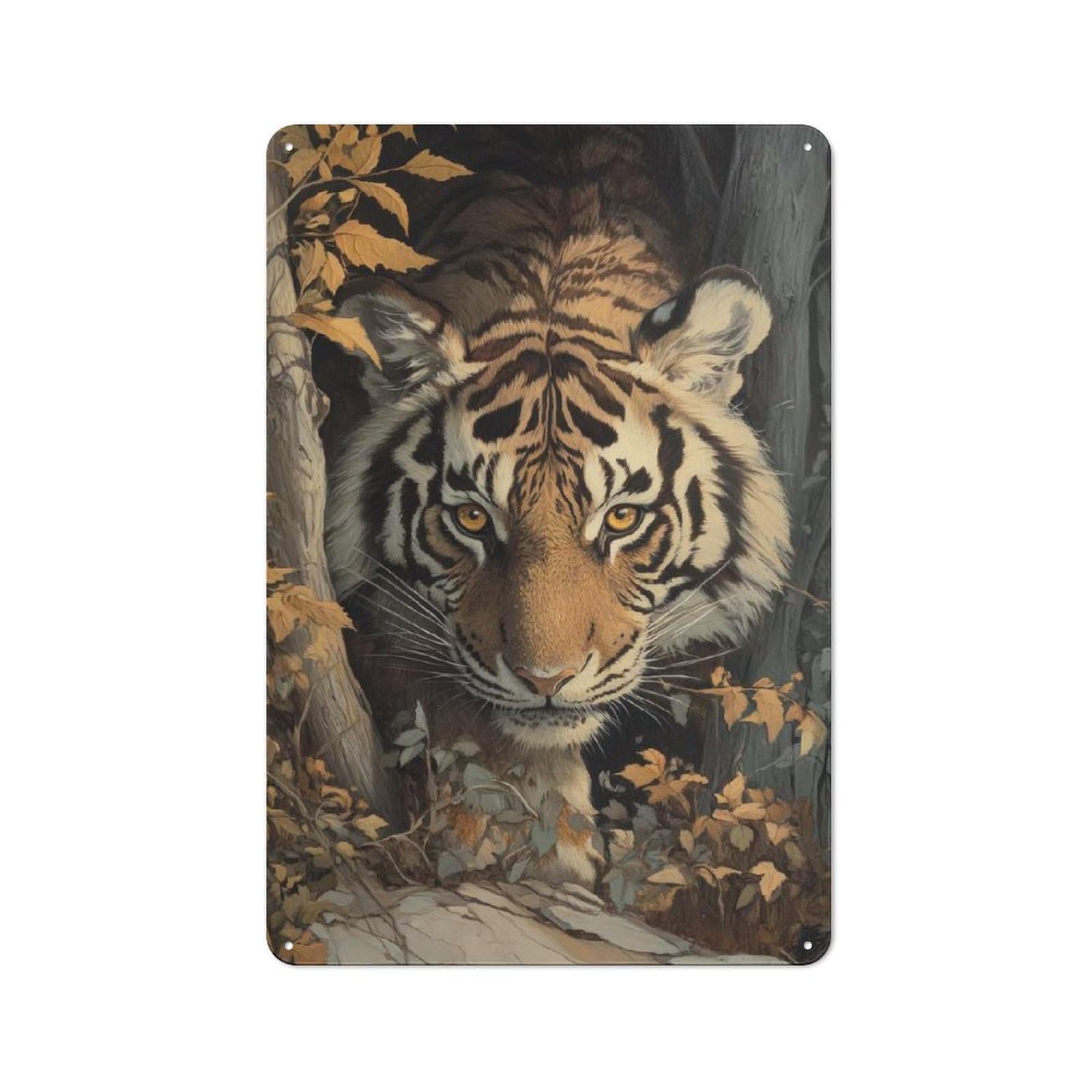 Retro Metal Plaque 30x20cm Featuring Tiger in The Woods for Home Bar Wall, for Room Styling Across Home Bars And Entertaining Spaces