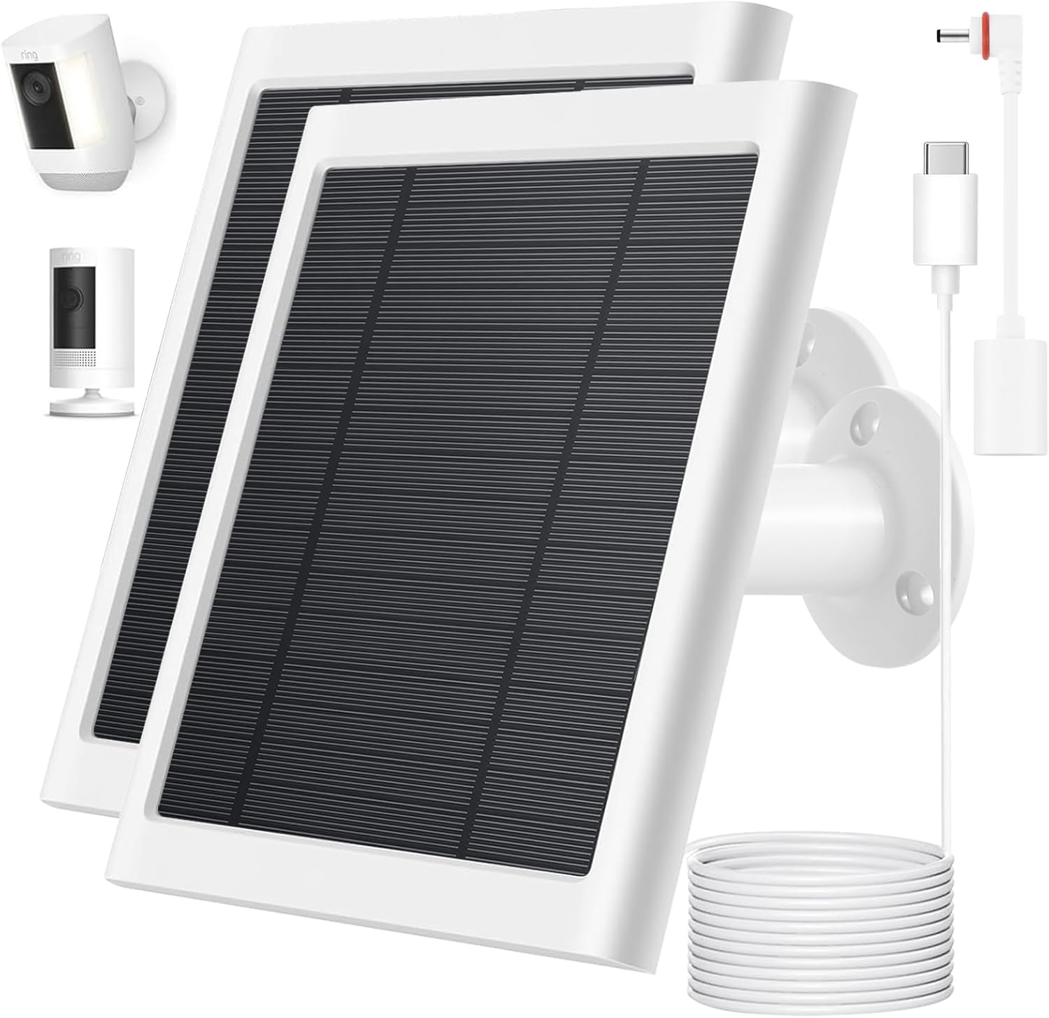 Solar Panel for Ring Camera, Compatible with Rings Spotlight Plus/Pro & All-New Stick Up Outdoor Cam Battery, 10ft Long Cable with USB-C to Ring Barrel Plug Adapter, 6w Fast Charging (2Pack)