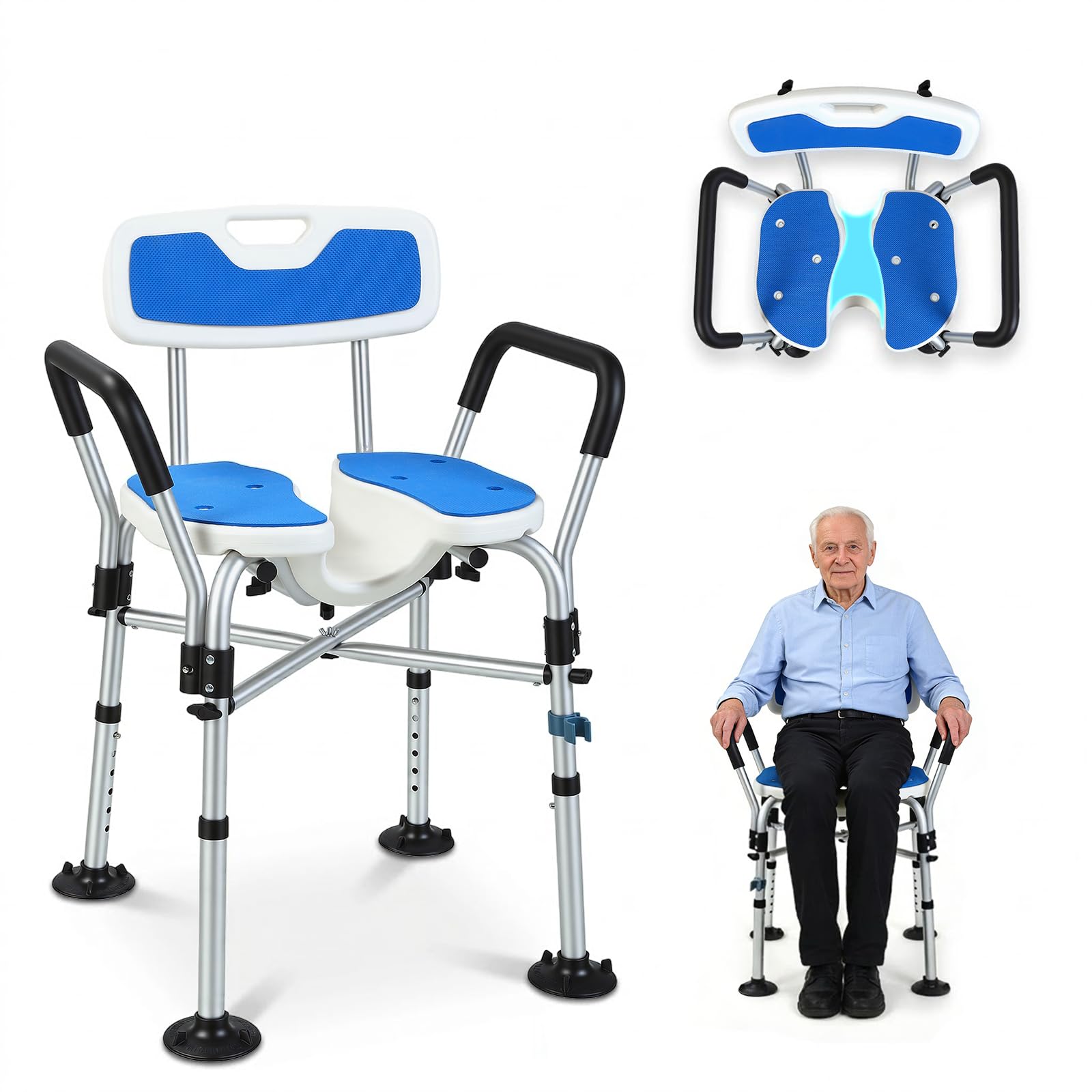 Sedia per Doccia Anziani Seggiolino Doccia con Schienale,Braccioli Seduta Scanalata e Barre di Rinforzo Regolabile in Altezza, Fori per Acqua e Piedini Antiscivolo per Anziani E Disabili