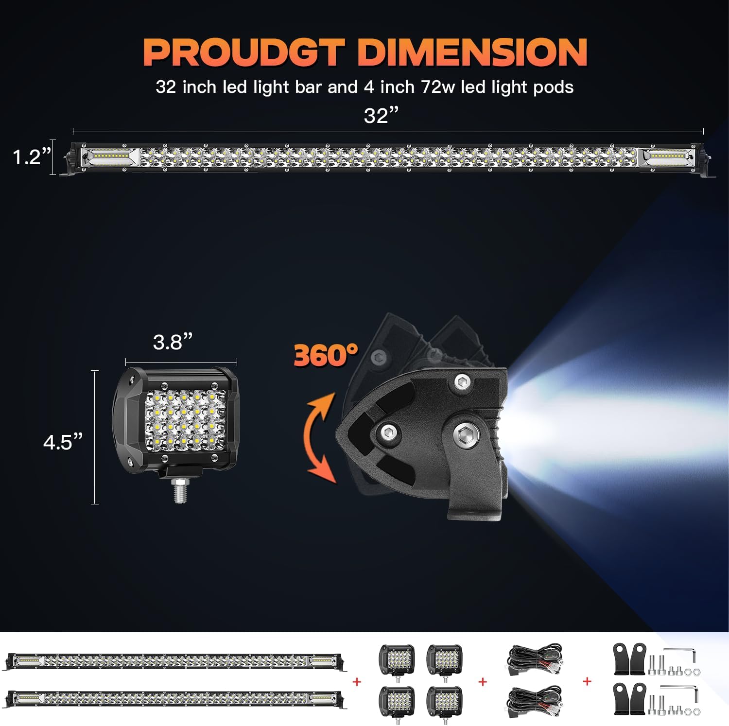 LED Light Bar Kits for Truck - 32 Inch Slim Light Bars, 4 inch LED Pods 12V 24V Led Work Lights Off-Road Driving Lights Waterproof for ATV Tractor Pickup Cart with Wiring Harness