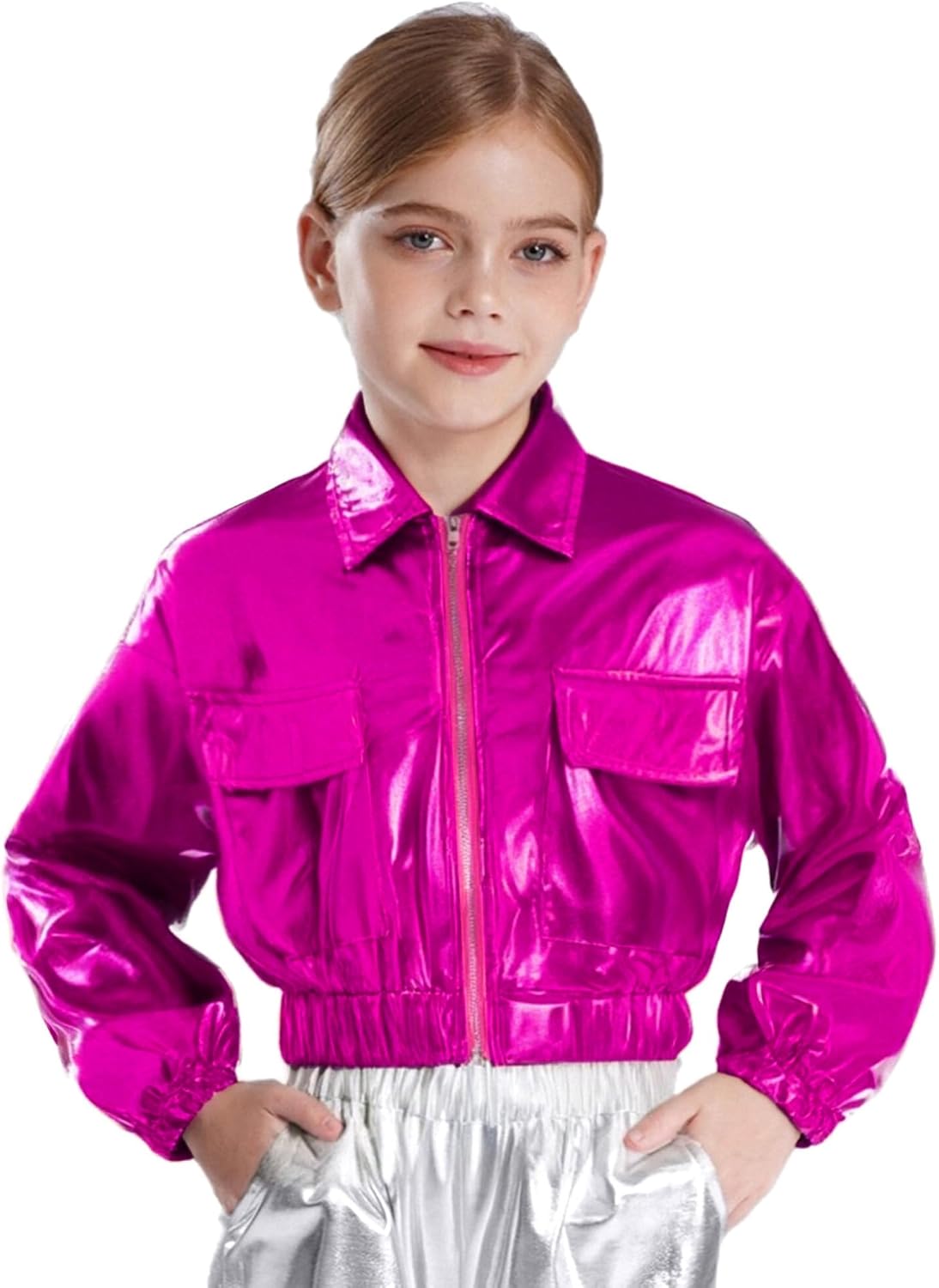 iEFiEL Girls Boys Shiny Motor Bomber Jacket Hip Hop Dance Coat