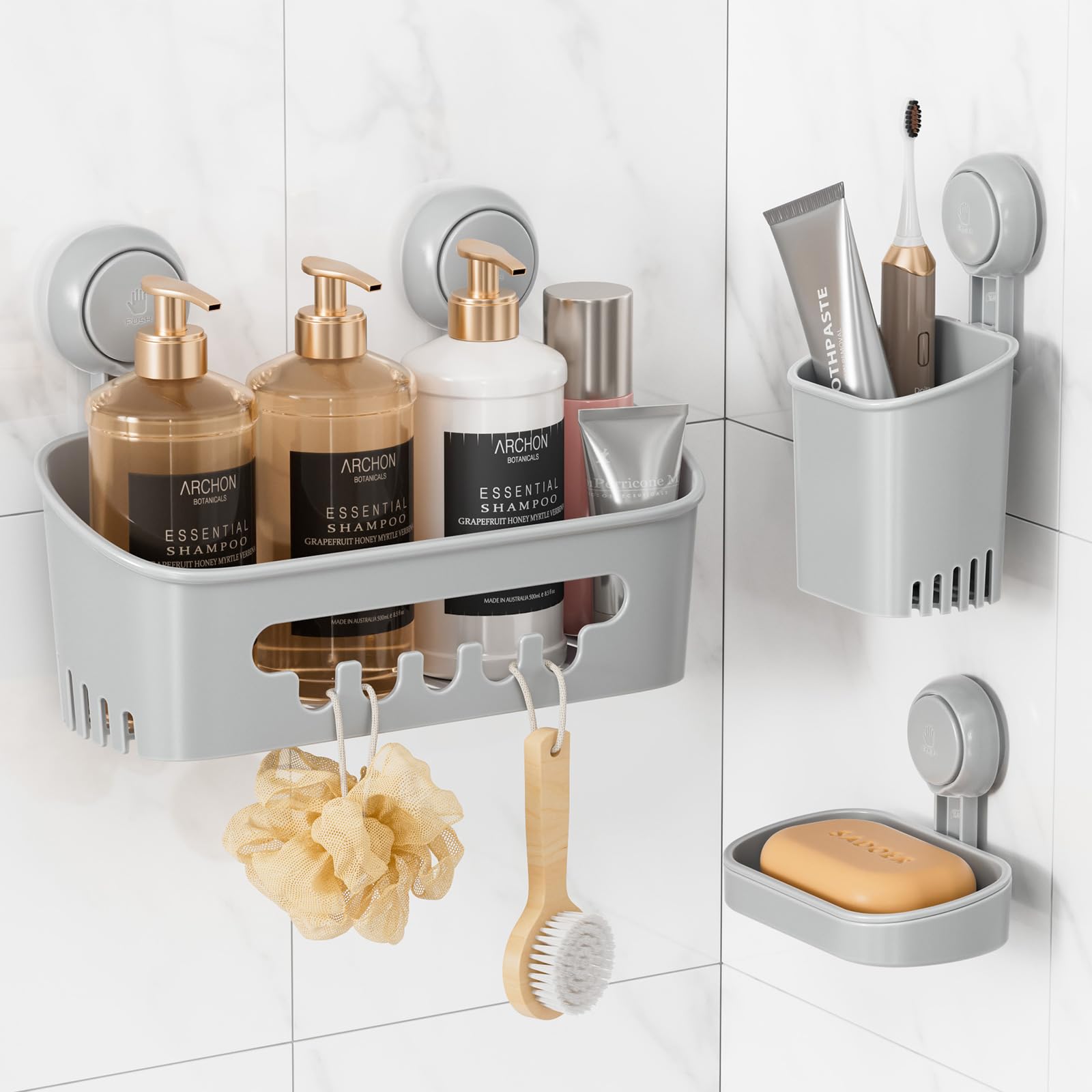 LEVERLOC Duschablage Ohne Bohren Saugnapf Dusche Organizer Große Kapazität Bad Organizer Ohne Bohren Badezimmer Zubehör für Shampoo Duschkorb Küche Organizer, Grau