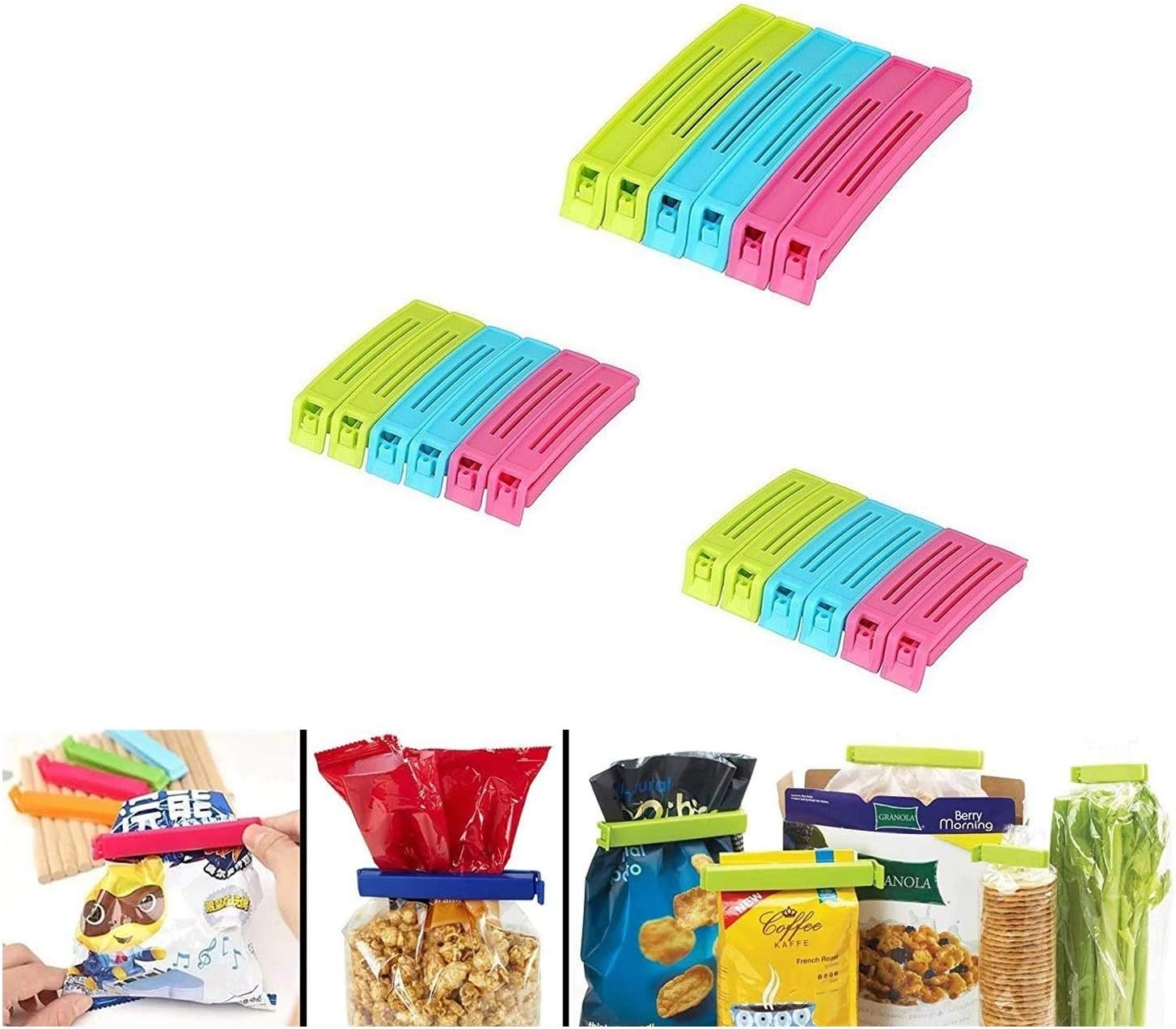 Kitchenwell 18 Pcs - 3 Different Size Plastic Food Snack Bag Pouch Clip Sealer Large, Medium, Small Plastic Snack Seal Sealing Bag Clips Vacuum Sealer (Multi-Color,Set of 18)