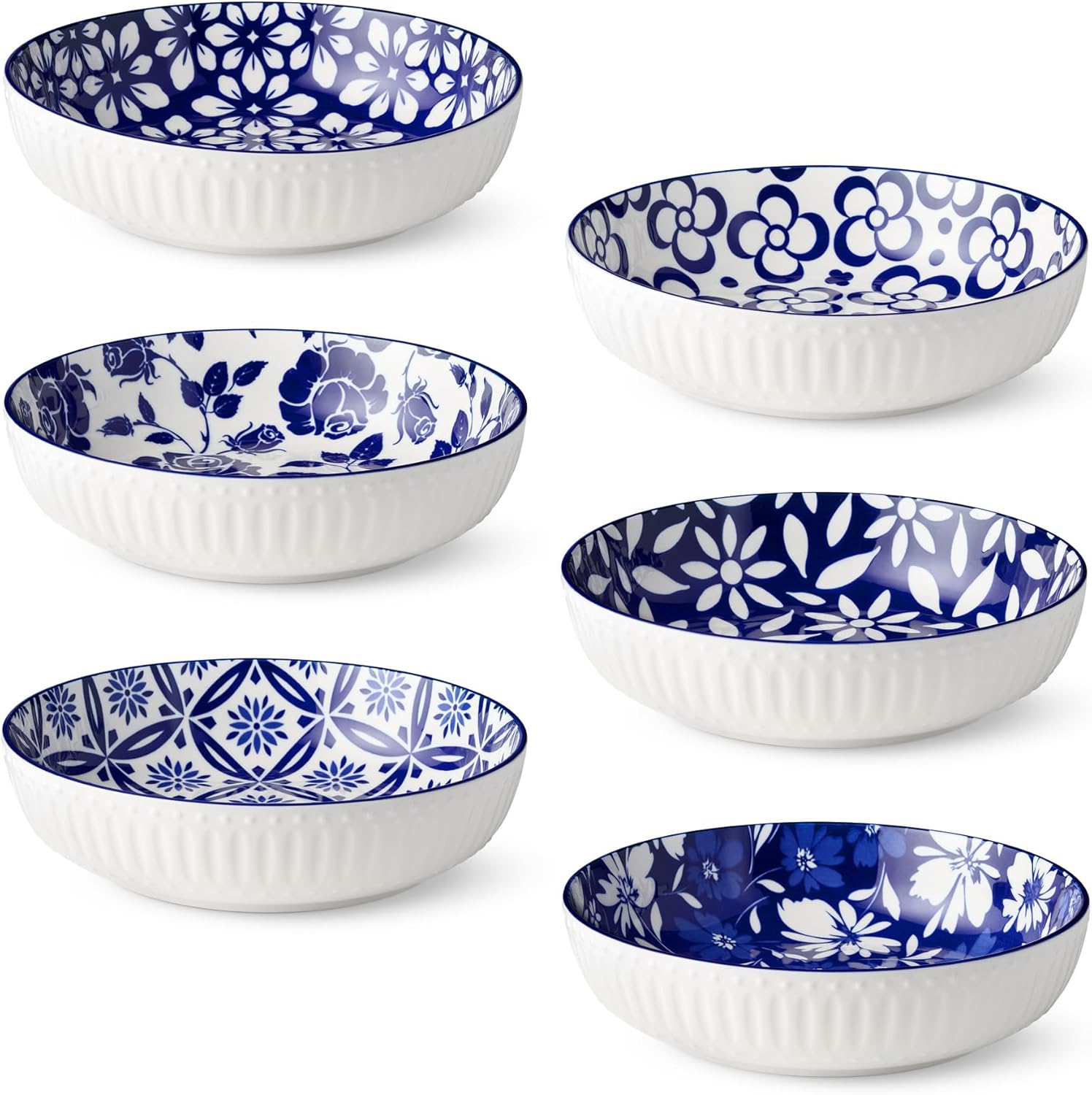 Certified International Madison Set of 6 Soup Bowls - 48 oz, Ribbed Exterior, and Stunning Blue and White Designs - Great for soups, stews, pastas, and more