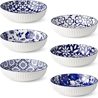 Certified International Madison Set of 6 Soup Bowls - 48 oz, Ribbed Exterior, and Stunning Blue and White Designs - Great for soups, stews, pastas, and more