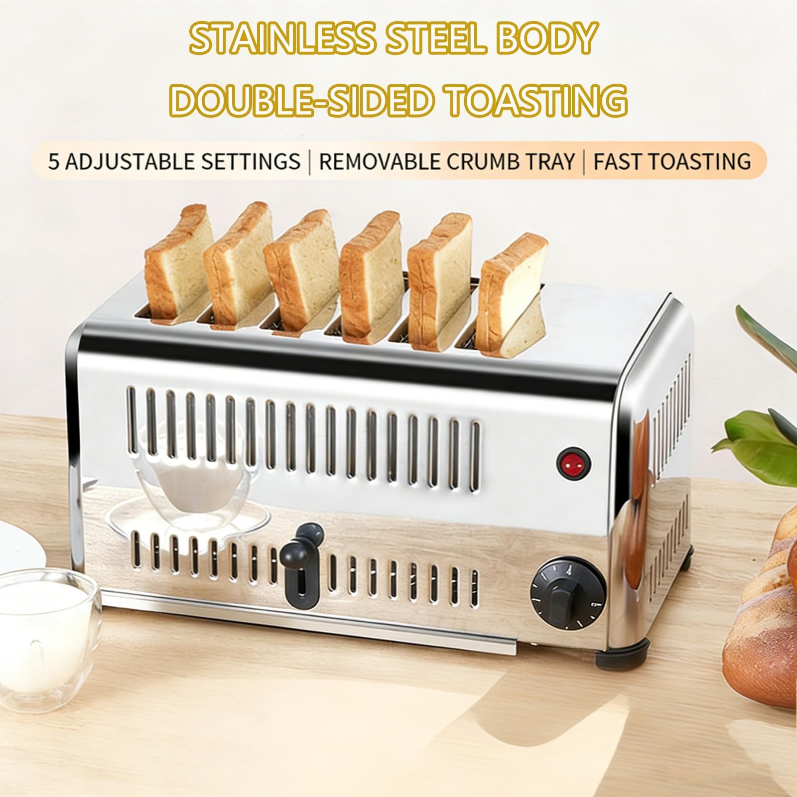 Horno tostador de 4/6 Uds con ajustes ajustables, calentamiento rápido y uniforme de grado comercial, bandeja para migas extraíble y ranura para tarjetas ancha 4 slices