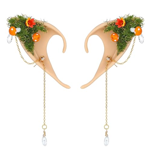 FRESHME Forest Mushroom Elf Ears, Soft Fairy Ears with Mushroom Moss and Flower Elven Ear Cuffs Halloween Renaissance Cosplay - Orange Mushroom Elf Ears