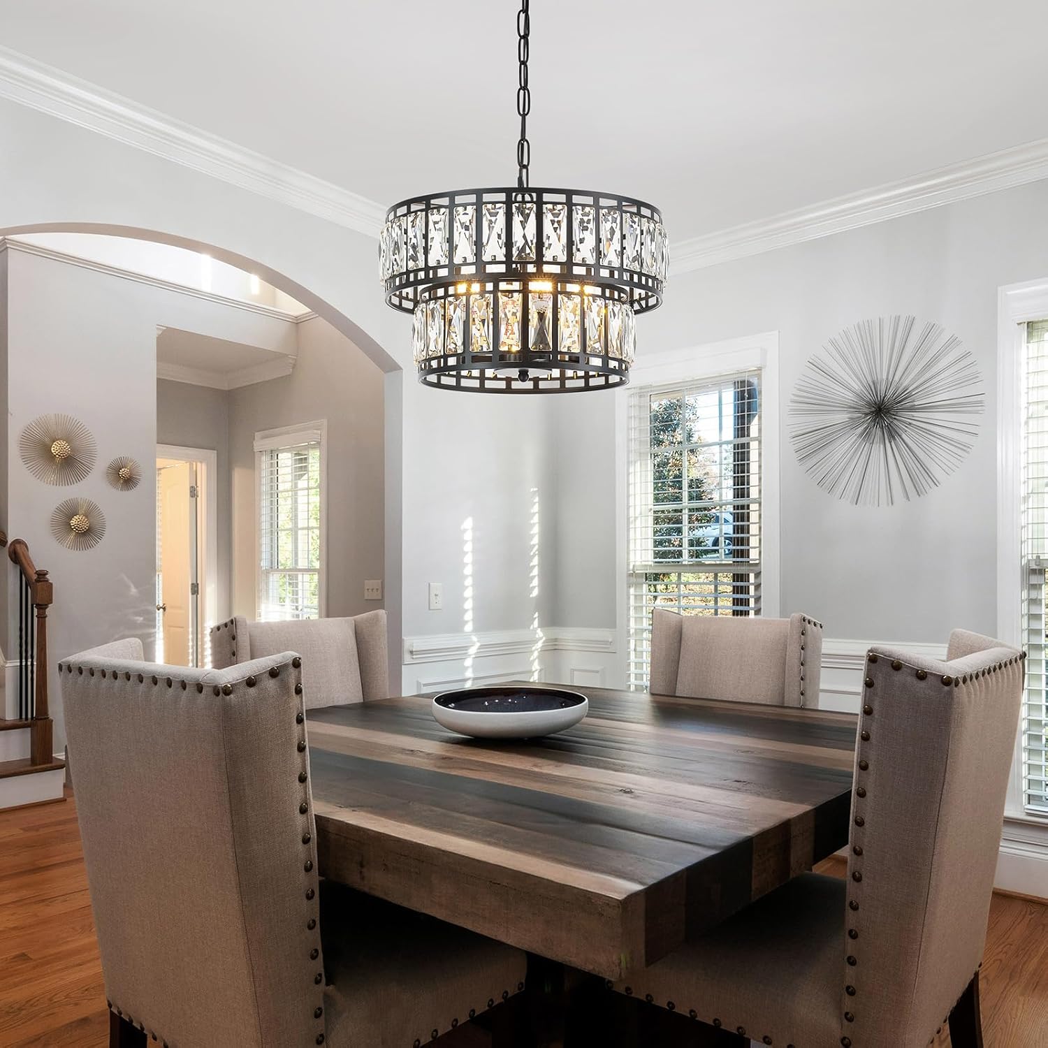 Dining Room Chandeliers K9 Crystal Black Metal Chandelier Modern 2-Tier Drum Farmhouse 16in Contemporary Round Light Fixture for Bedroom Entryway Kitchen Island Living Room