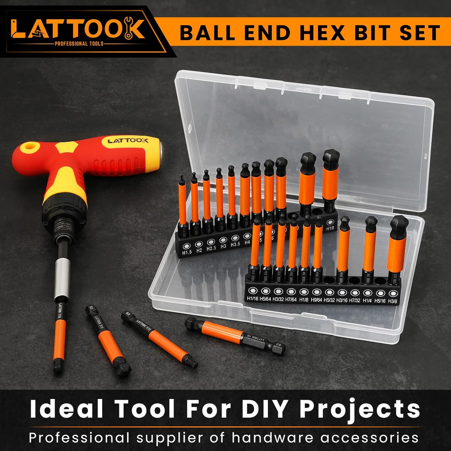Ball End Hex Head Allen Wrench Drill Bit Set with T Handle Ratchet Driver, 24PCS Metric & SAE Ball End Hex Bit Set Allen Key Bit Set Hex Key Drill Bit Set with T Handle, S2 Steel, 2.5'' Long - Image 7