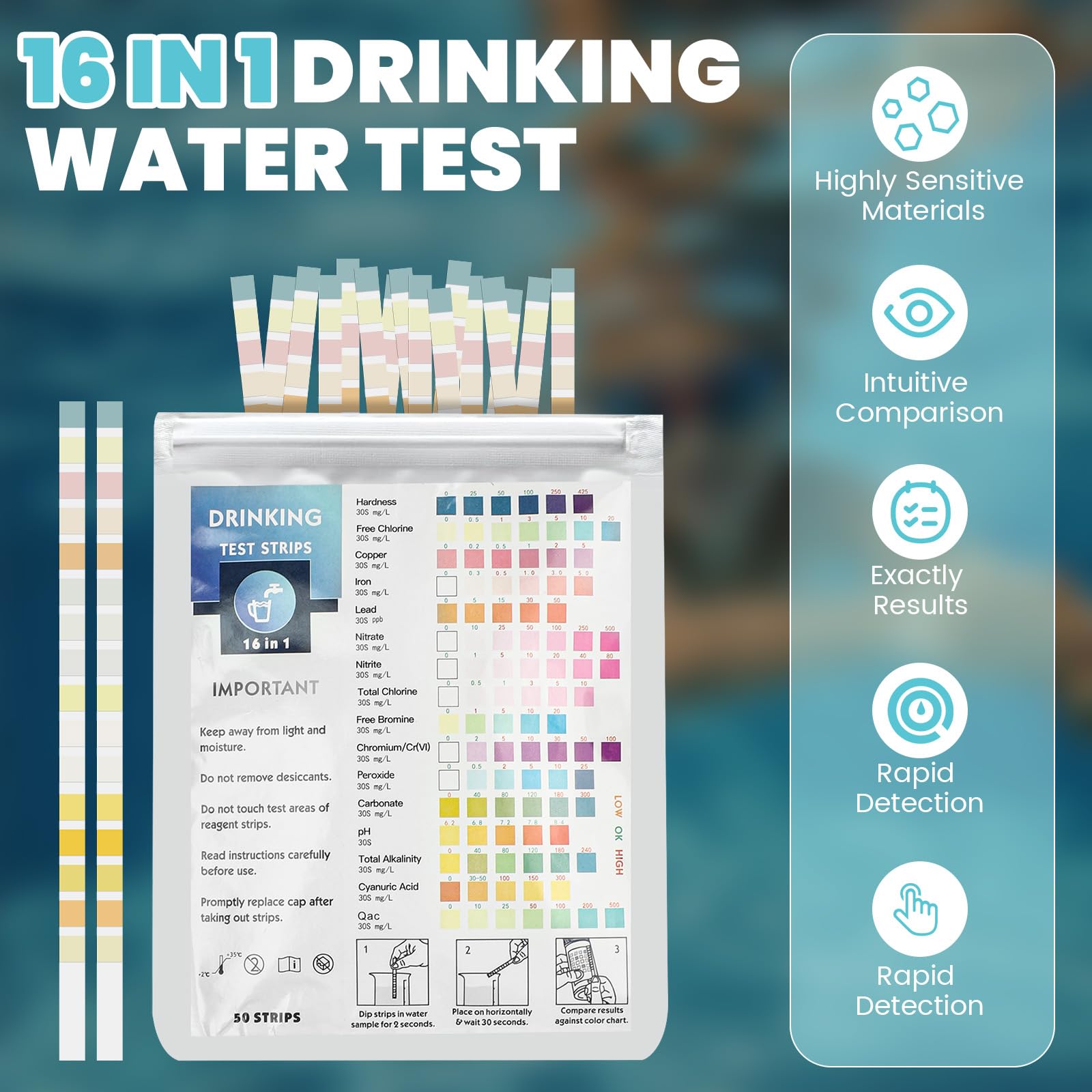 16 w 1 paski testowe do wody pitnej – 50 pasków Testy wody do wody pitnej Szybki test/paski testowe do basenu Whirlpool na akwarium/paski testowe do całkowitej twardości wartości pH Brom Chlor