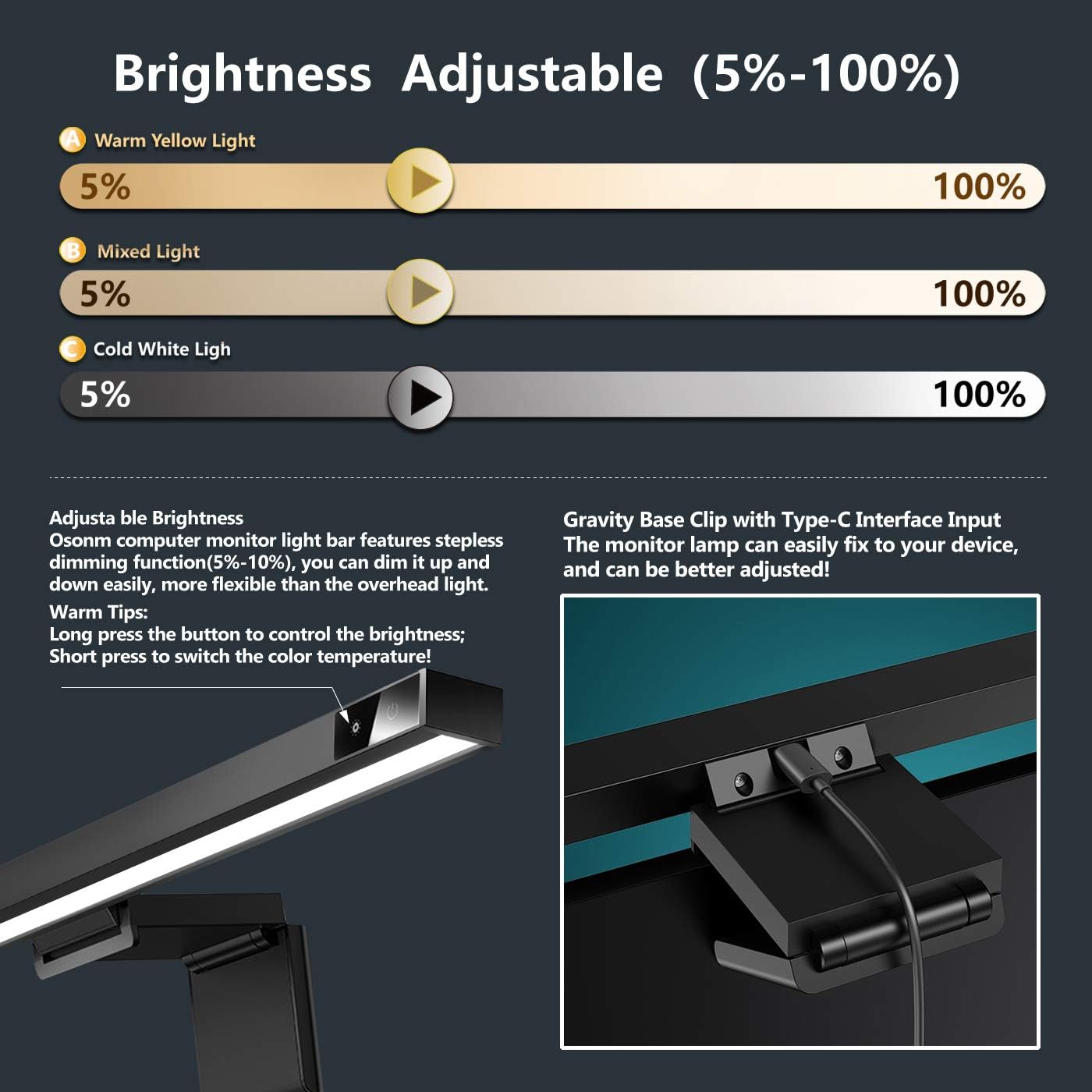 Buy 1 get 1 🔥 Osonm Computer Monitor Light, USB Powered Monitor Light Bar-Adjustable 3 Color Temperature and Stepless Dimming, No Screen Glare e-Reading LED Task Lamp, Touch Control Screenbar for Home Office Use