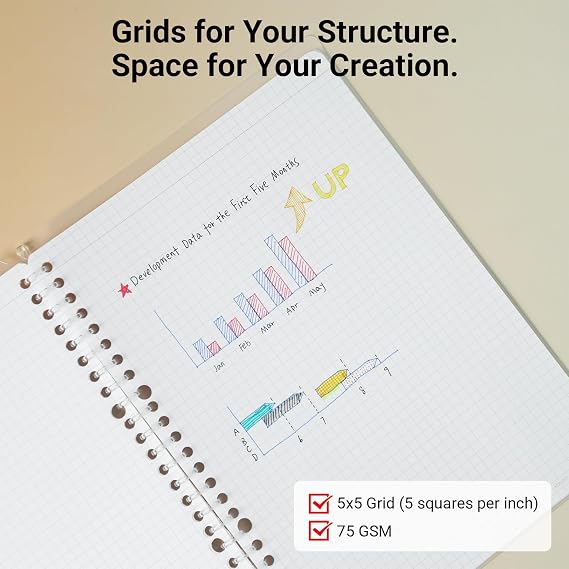 KOKUYO Smart Ring Binder Notebooks, Clear B5 Refillable Notebook, 20 Sheets Each, Plus Extra 50 Sheets 5x5 Graph Loose Leaf Papers, 60 Sheet Capacity, Perfect for School & Work