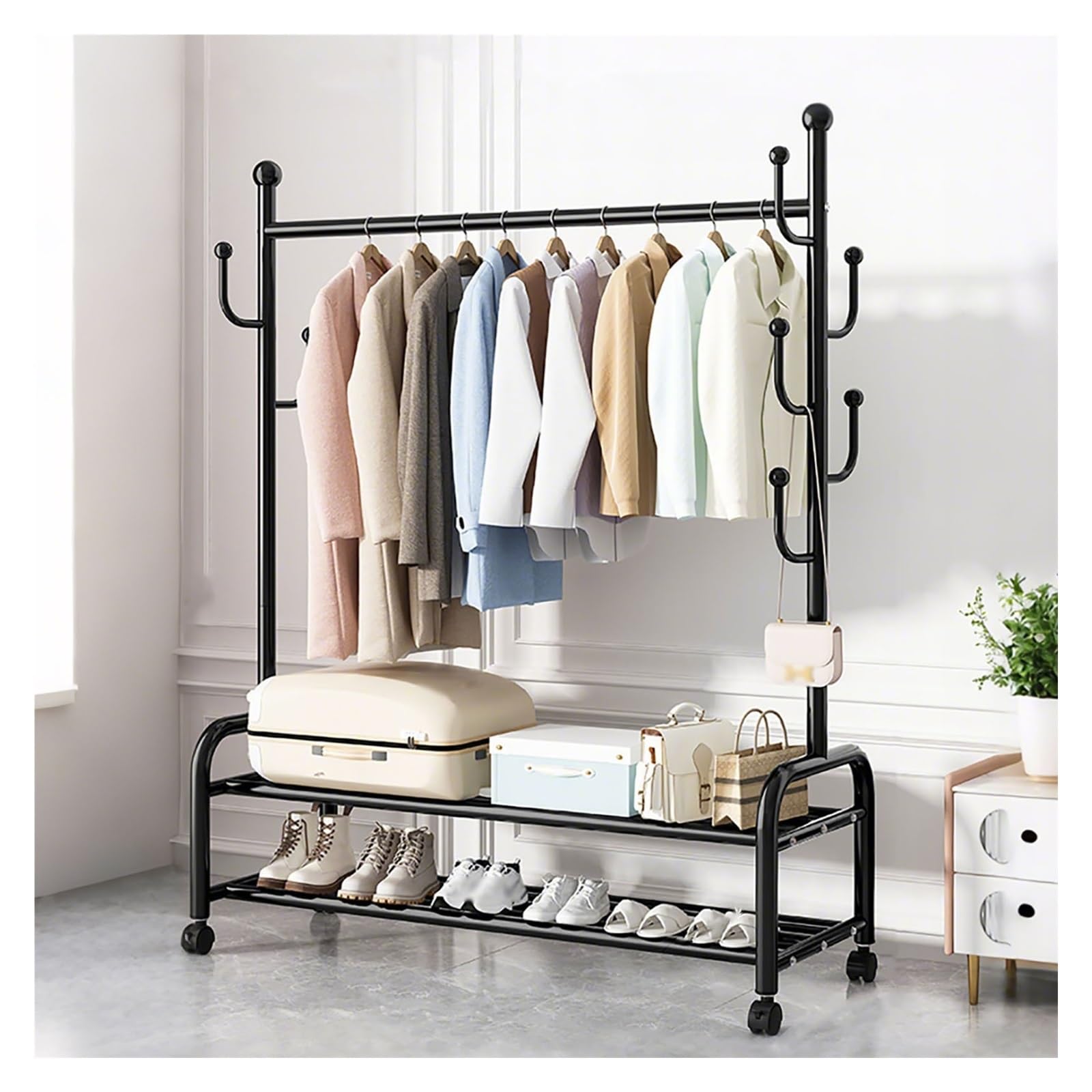 Appendiabiti nero con ripiano portaoggetti e ruote appendiabiti in metallo con scarpe Colgador 80 x 167 x 37 cm