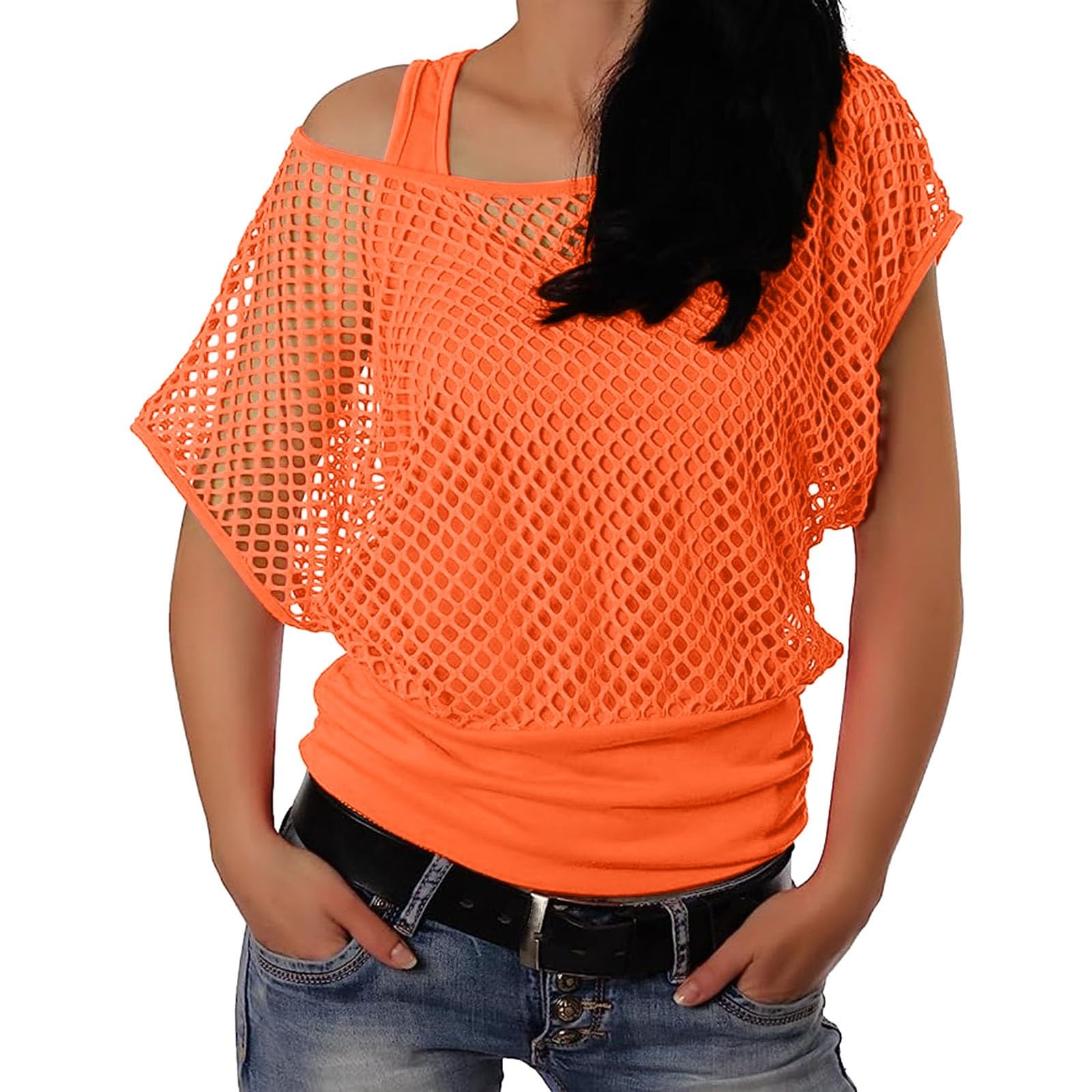 8S Neon Mesh Top for Women Fishnet T Shirts Sheer Off Shoulder Tops and Vest 2 Pieces Set Party Outfit Sexy Disco Clothes Y2K Gothic Tops Retro 9s 8s Party Costume Rave Outfits Fancy Dress Women