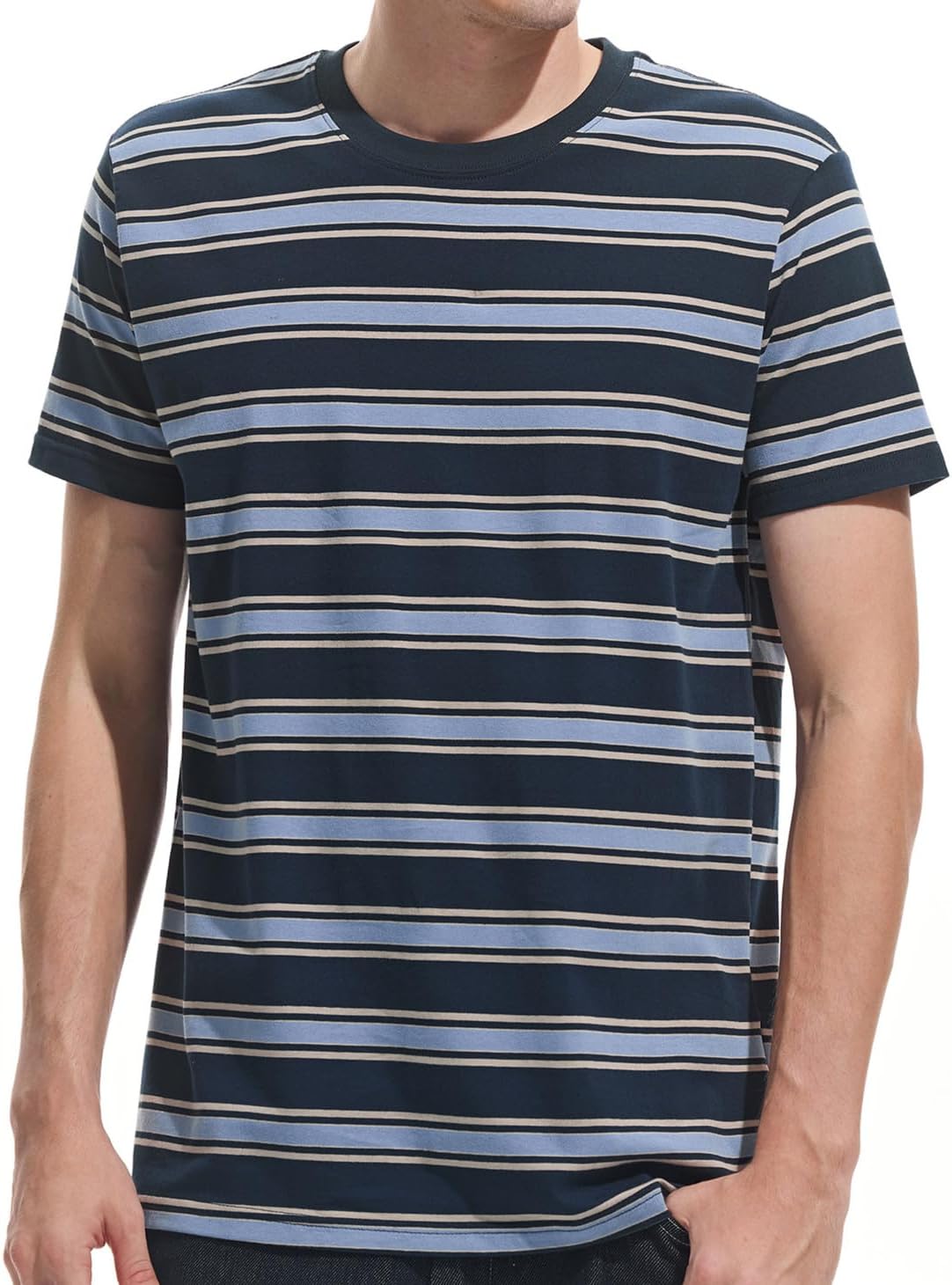 VEIISAR Men's Crewneck Striped T-Shirt Soft Elastic Cotton Tees
