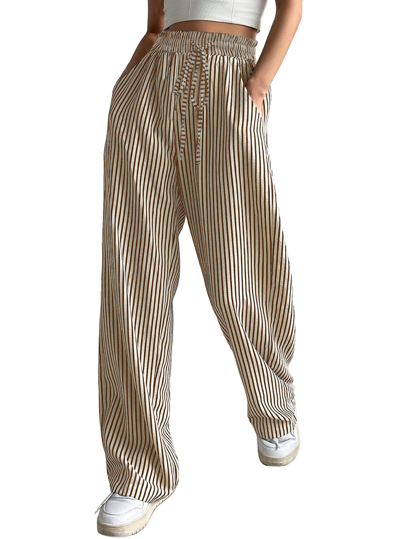 chouyatou Womens Casual Striped Wide Leg Pants Drawstring Elastic Waist Dress Palazzo Pants with Pockets