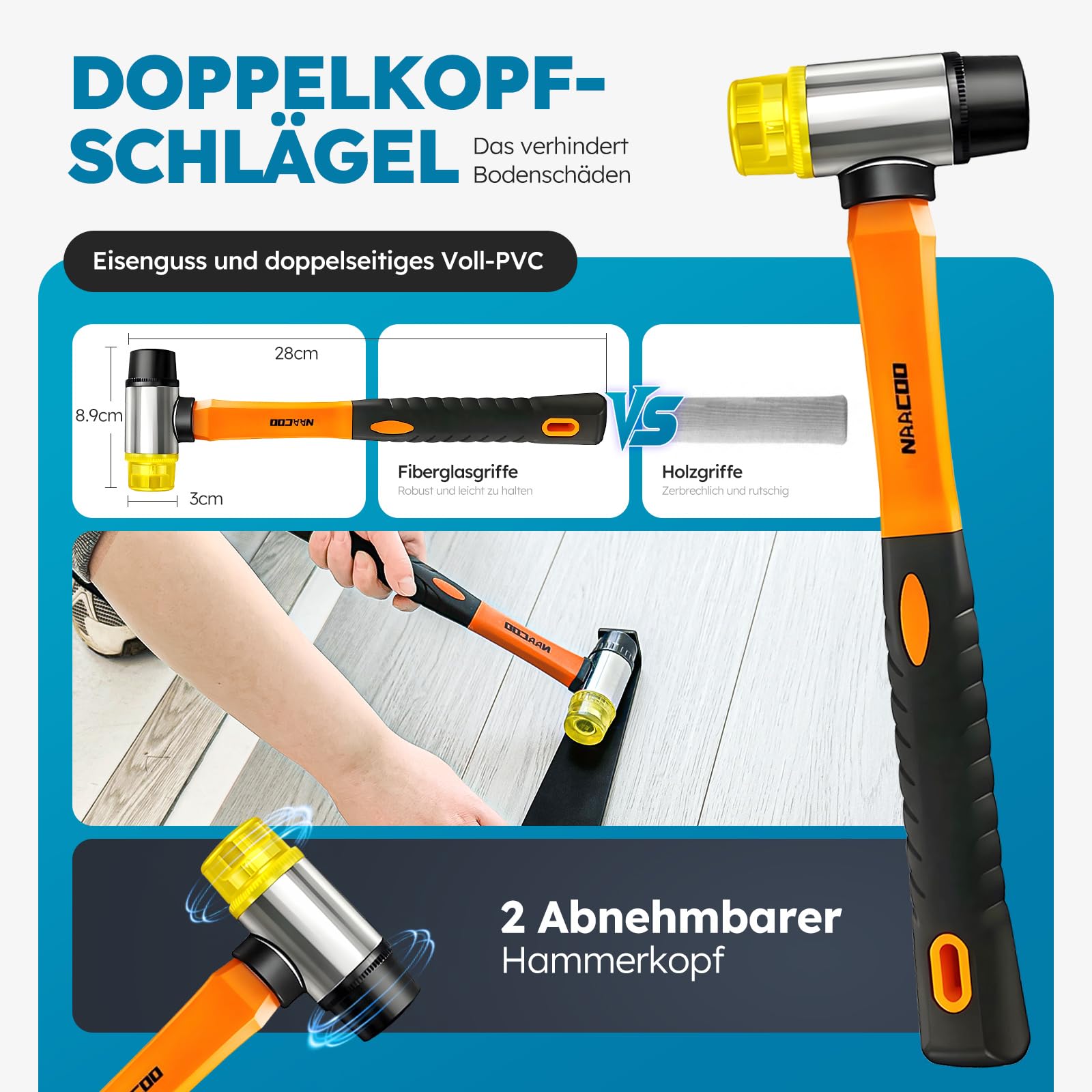 Laminierte/Vinyl-Bodenplattenwerkzeuge, Vinylholzböden mit NAACOO Knochenblöcke - zweiseitig mit Nischen, 25.4CM Profilmaßstab, Hebel, 40 Fußböden, Gummihammer. Universal Bodenmontage-Kit