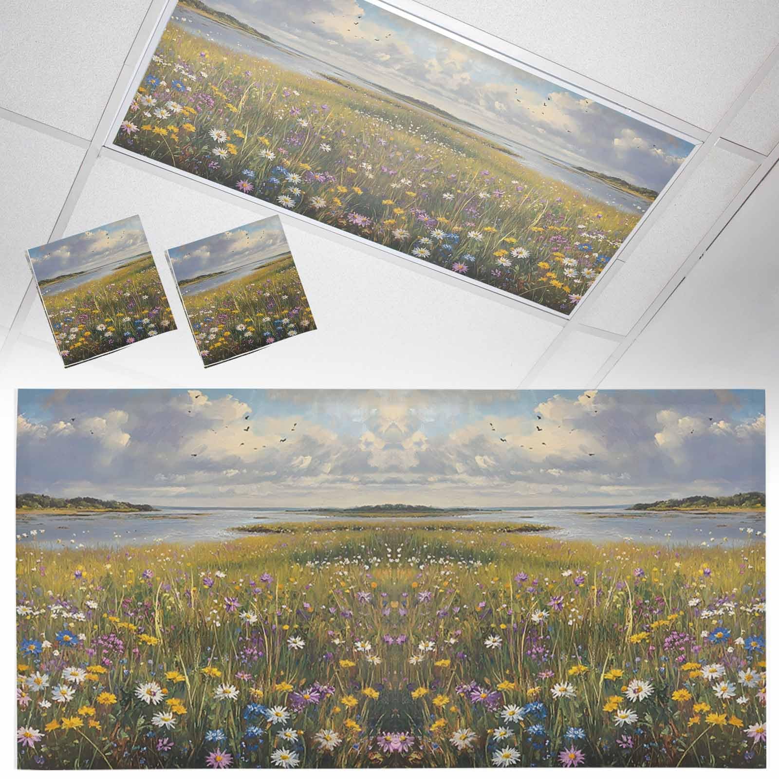 Wowouhiya 2 Pack Fluorescent Light Cover for Ceiling Lights, Spring Floral Magnetic Classroom Light Filters 4x2 Feet, Botanical Farmhouse Modern Oil Painting Decorative Ceiling Shade Panel for Office