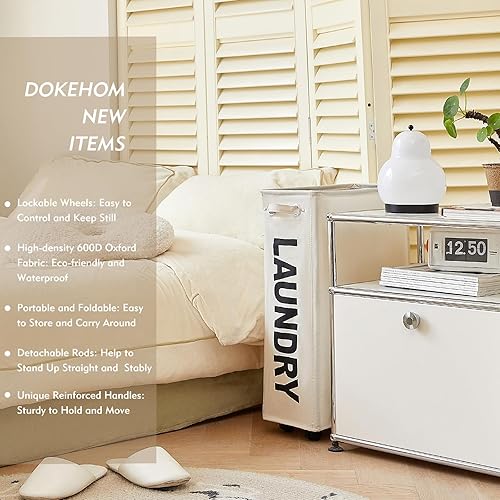 Miniatura 2 de DOKEHOM 25-Inches Slim Laundry Basket on Wheels, Collapsible Rolling Laundry Hamper, Foldable Narrow Corner Clothes Storage Bins (Beige)