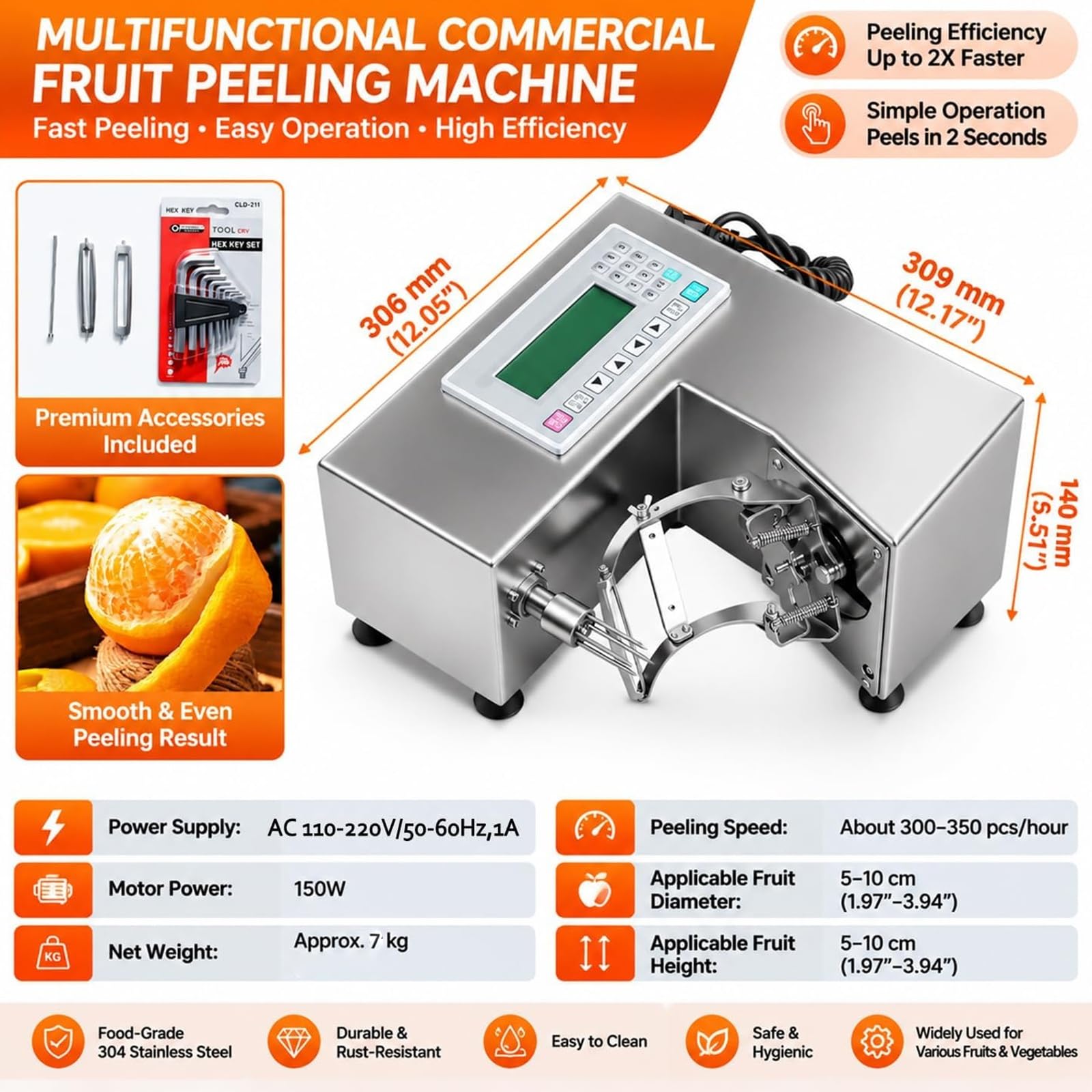 Gewerblicher Tisch-Obstschäler (150 W), 300–350 Stück/h
