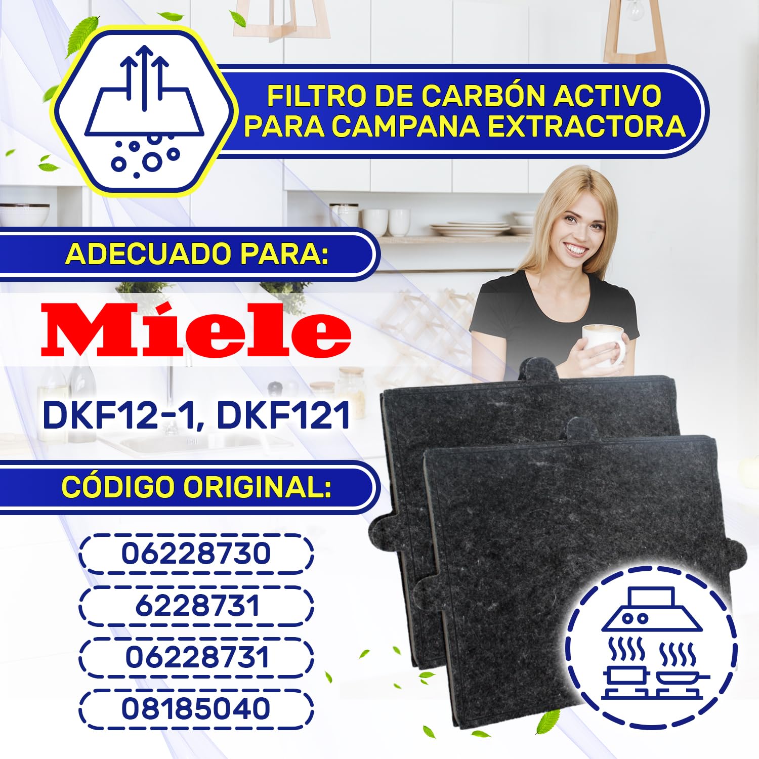 2x Filtro Carbon Activo Campana Extractora 288x242x20mm 06228731 para Miele