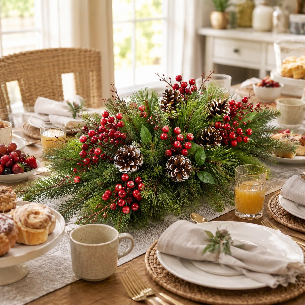 BANBERRY DESIGNS Pine Branches and Red Berry Picks - Set of 10 Stems with White Snow Covered Pine Cones and Berries - Christmas Artificial Floral Sprays Sprigs - Approx.