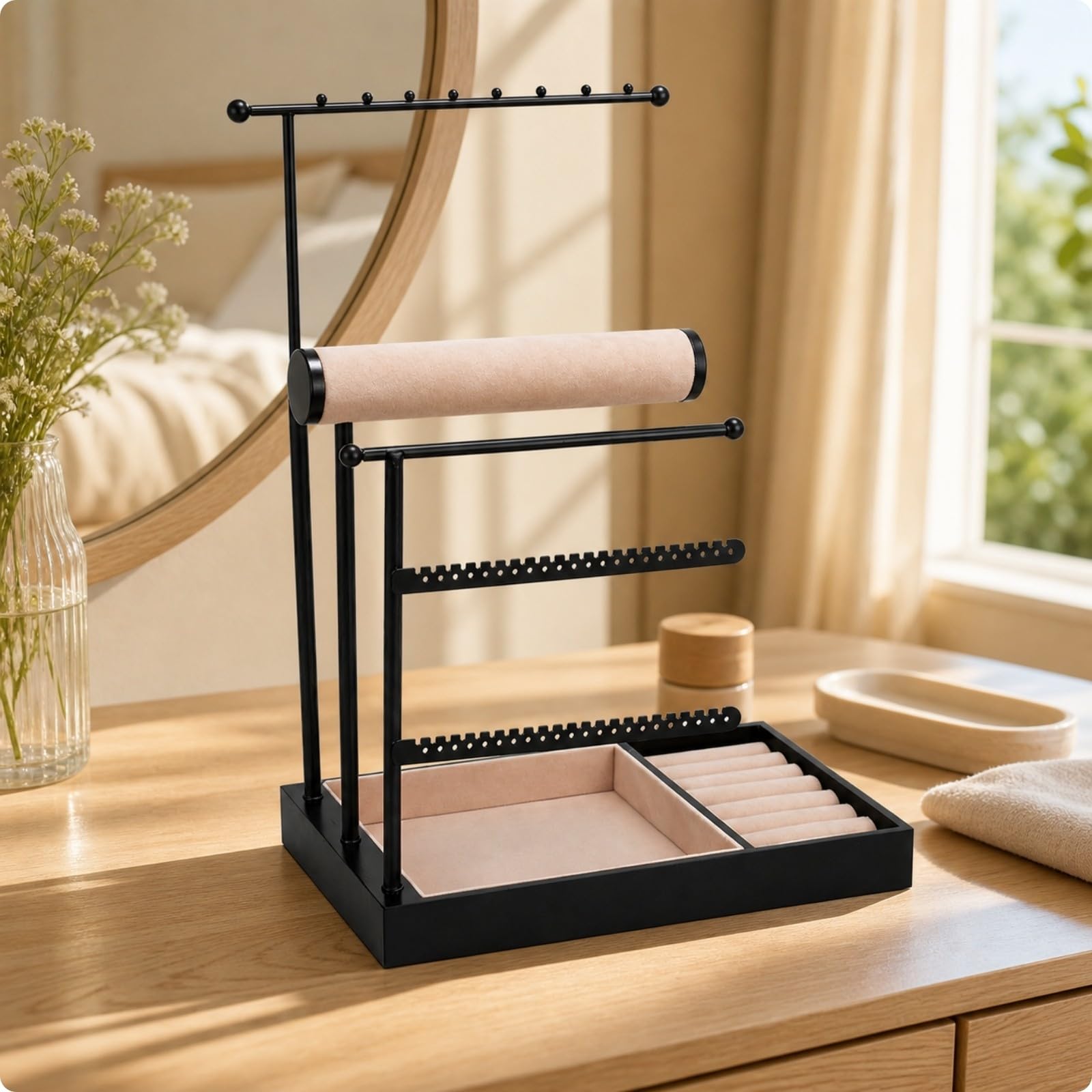 Qianly gioie a più Livelli con Base in Legno Multifunzionale gioie Regolabile in Altezza Ampio Spazio di Archiviazione per Tavolo da Trucco, Oro