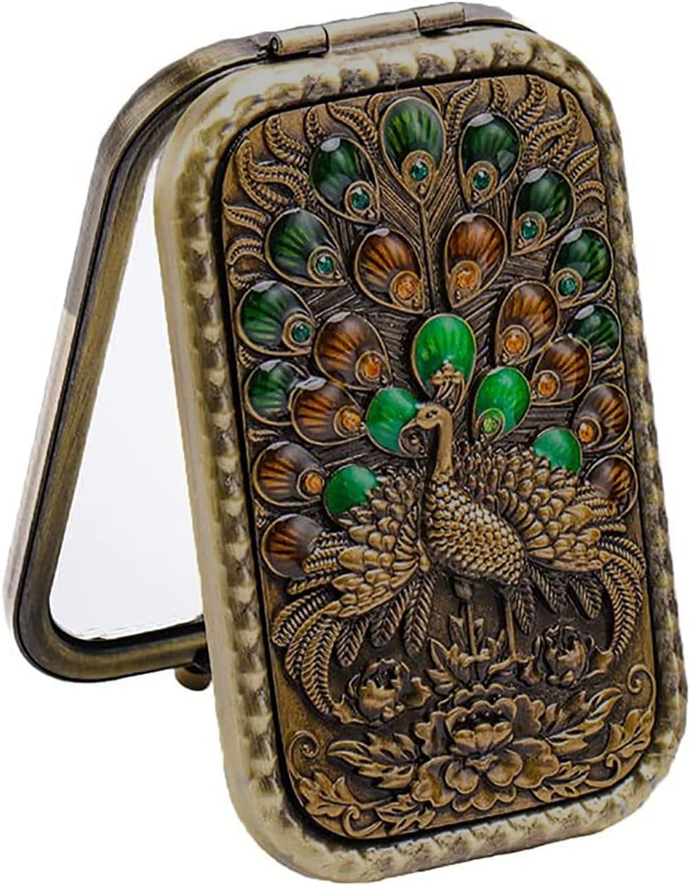 Magnifying Vintage Foldable Metal Princess Style Purse Mirror Compact Small Mirror Magnifying Vintage Pocket Mirror (Random Pattern, Set of 1) Rectangular, Wall Mount, Framed, Brown