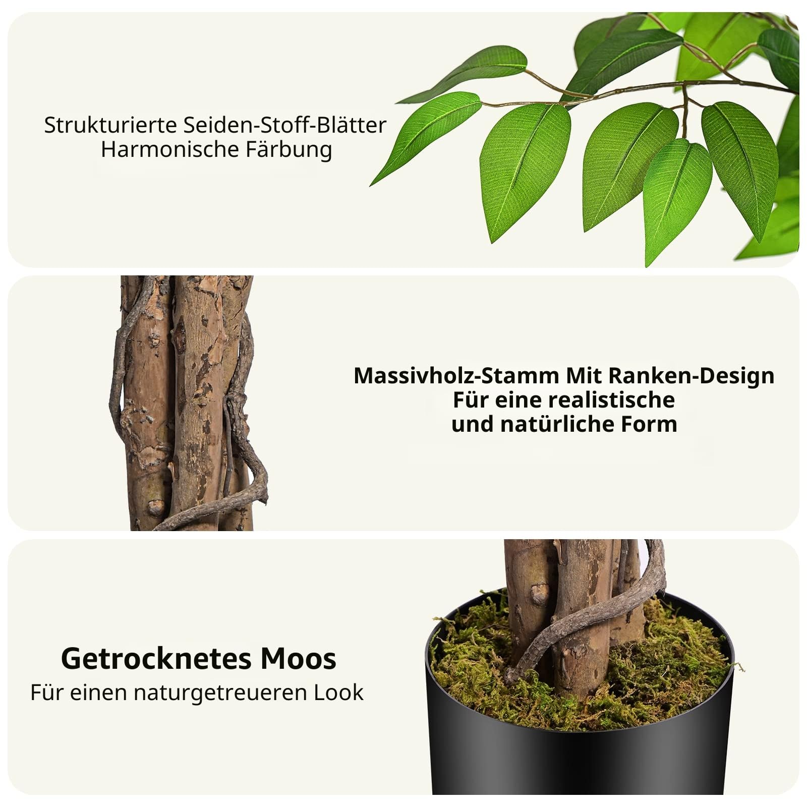 Kunstpflanze Ficusbaum 180cm, Künstliche Pflanzen groß wie echt mit Stamm aus Naturholz, Kunstbaum groß für Wohnzimmer, Schlafzimmer, Büro, Garten