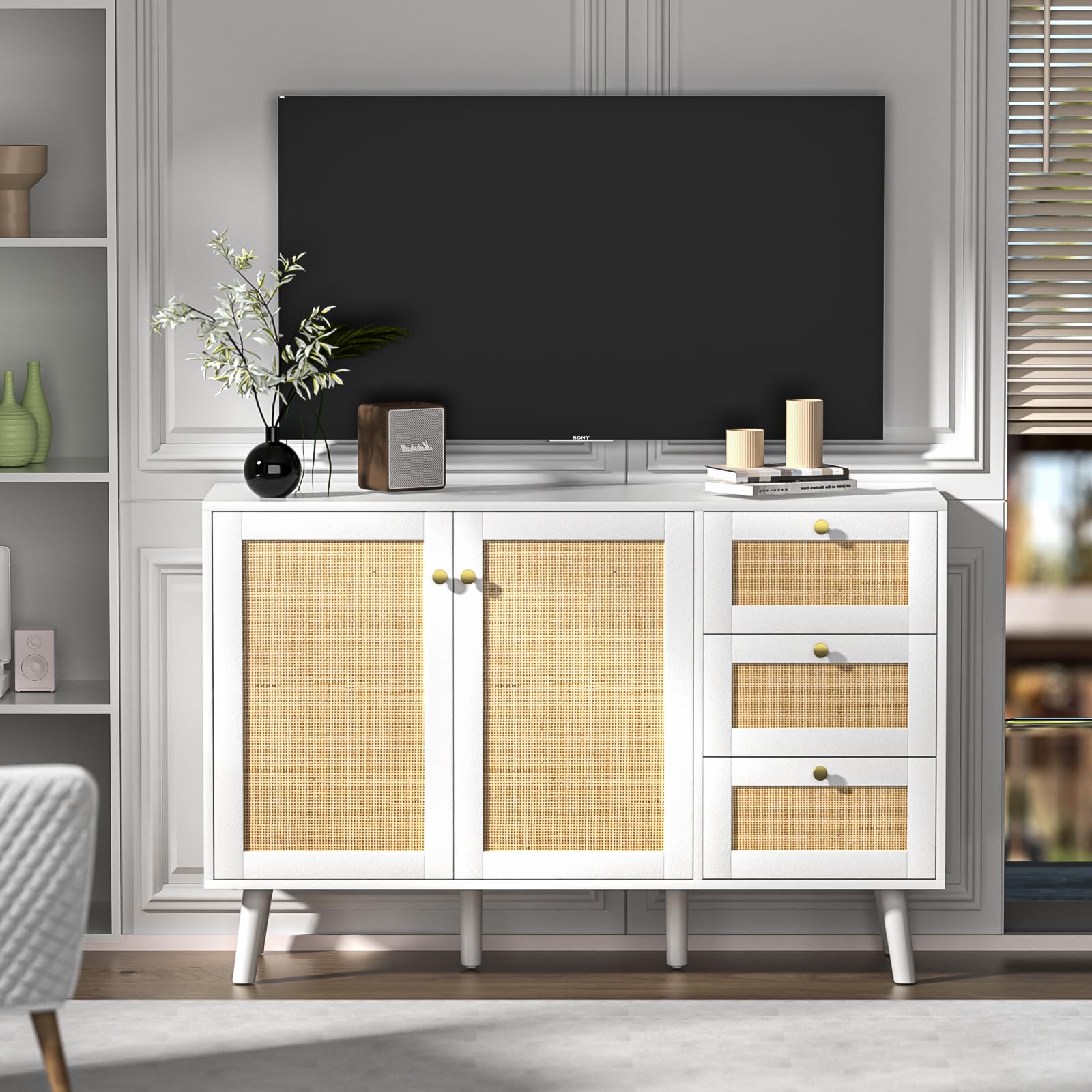 Rattan Sideboard Kommode, Weiß Aufbewahrungsschrank mit 2 Rattan Türen und 3 Schubladen für Esszimmer, Küche und Wohnzimmer, Küchenbuffet mit Verstellbares Regal Sideboard，120x40x82cm