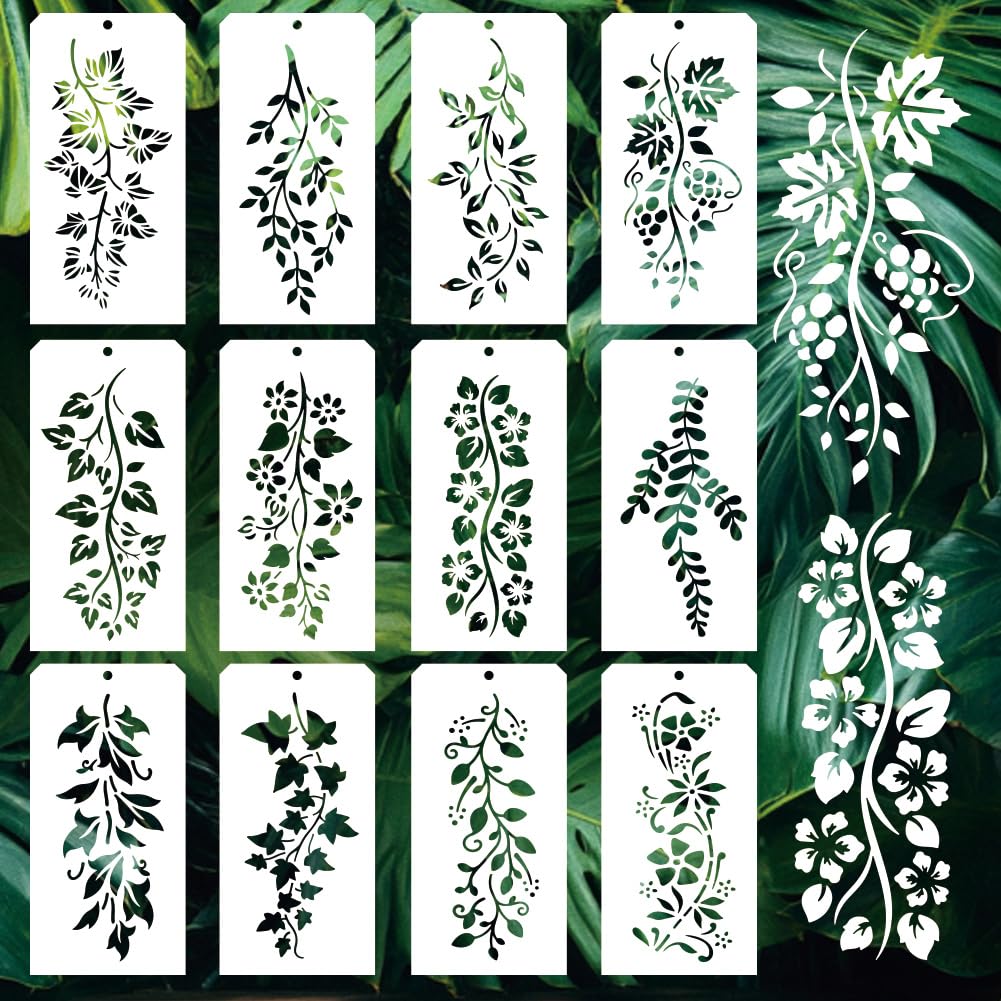 GOMAKERER 12 Pcs Leaf Vine Stencils for Painting 12 Styles Plant Leaves Painting Stencils Reusable Art Drawing Templates for Drawing on Wall Wood Home Decor