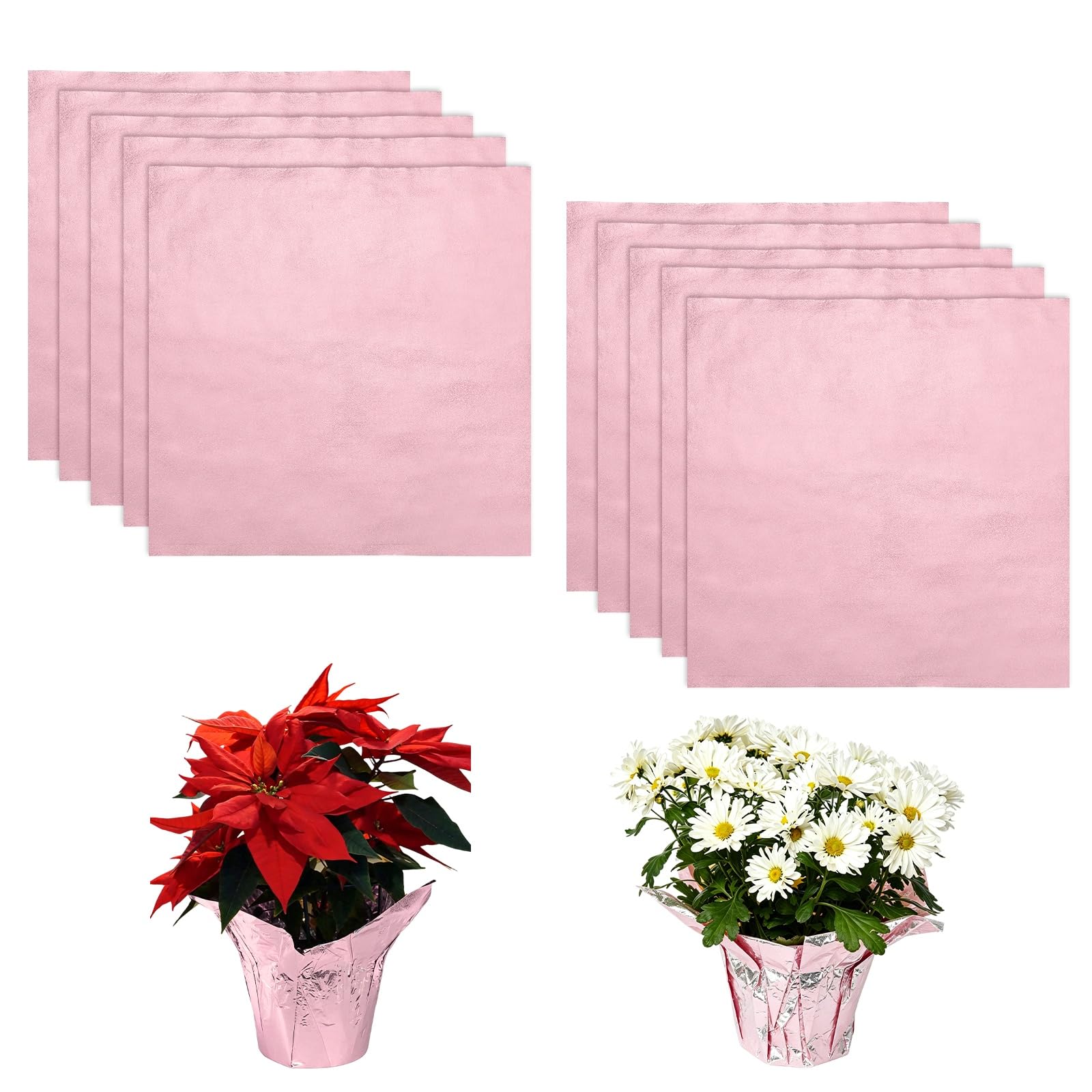 M METERXITY 10-Pack Foil Wrap for Potted Plants, 15.7 x 15.7 Inch Aluminum Floral Foil Plant Pot Covers for Wedding/Birthday/Valentine's Day/Tea Party, Wrapping Paper [Light Pink]