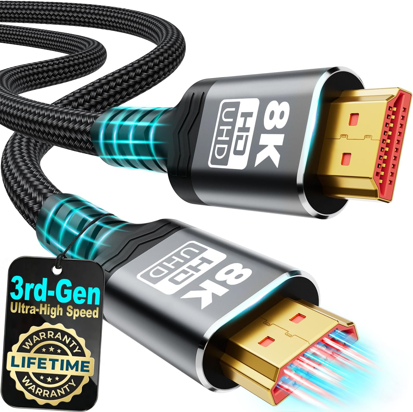 8K HDMI 2.1 Cable 6.6Ft, Gold-Plated Ultra High Speed Military Grade Nylon Braided HDMI Cord (8K@60Hz 7680x4320, 4K@120Hz) Supports Dynamic HDR 10, eARC, 3D, Dolby Atmos, Compatible with Roku TV, PS5