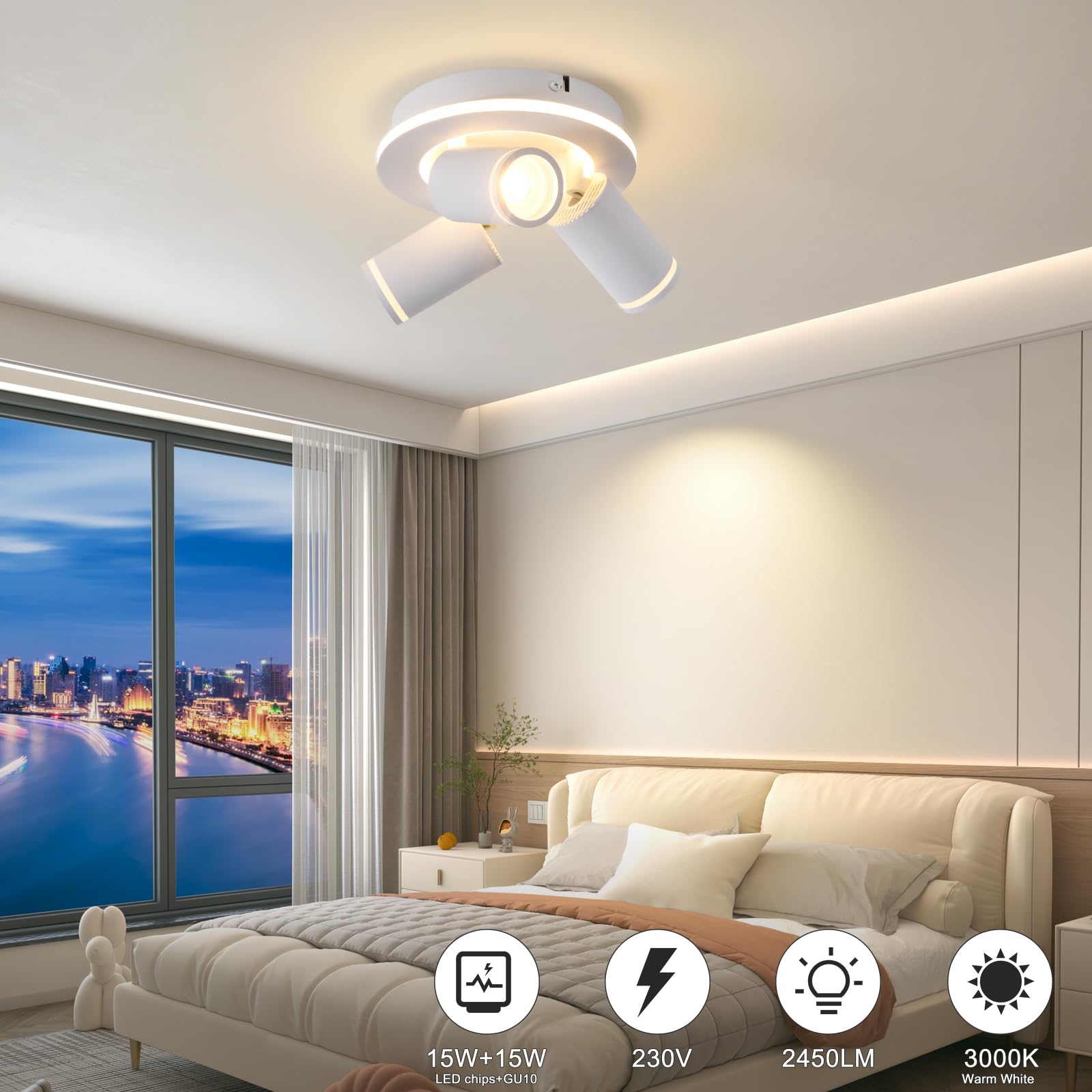 SANSHI Rotonda Faretti da Soffitto Orientabili Interno LED 3 Luce,Faretti da Parete con Inferiore 15W+3x5W,GU10 Lampadario Faretti,Moderna Plafoniera Faretti Bianco Caldo 3000K per Cameretta,Bianco