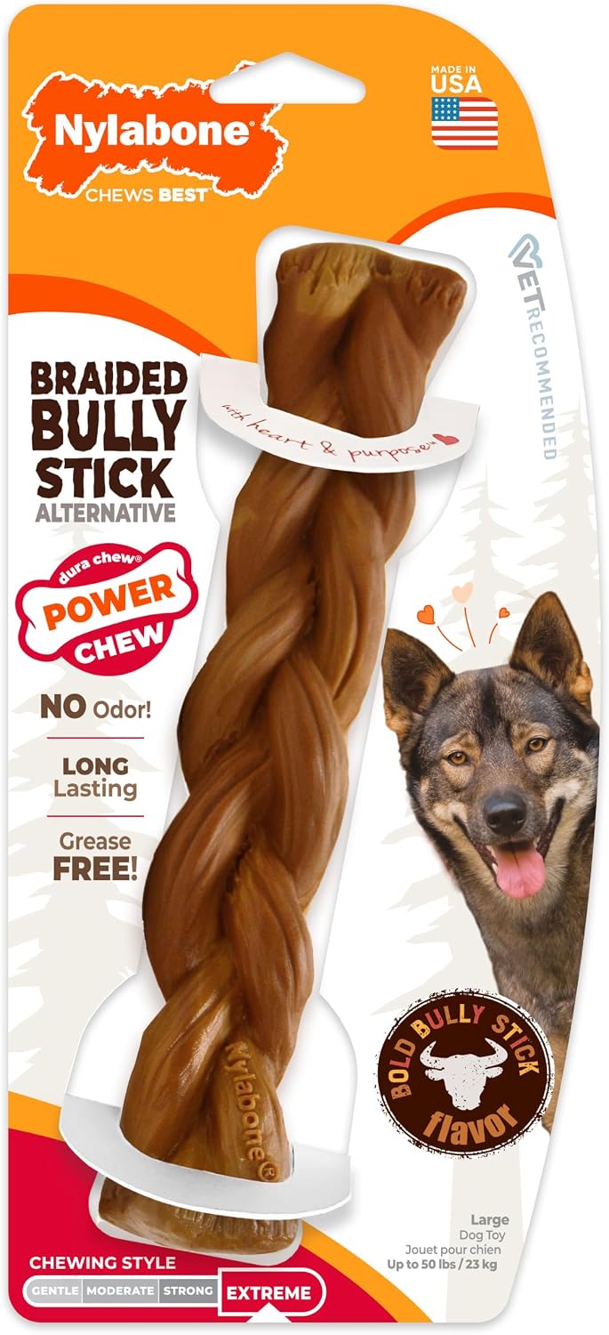 Nylabone Power Chew Braided Bully Stick Alternative Dog Chew Toy, Large | Bold bully stick flavor, no odor, durable dog toys for aggressive chewers, long lasting, for large dogs up to 50 lbs