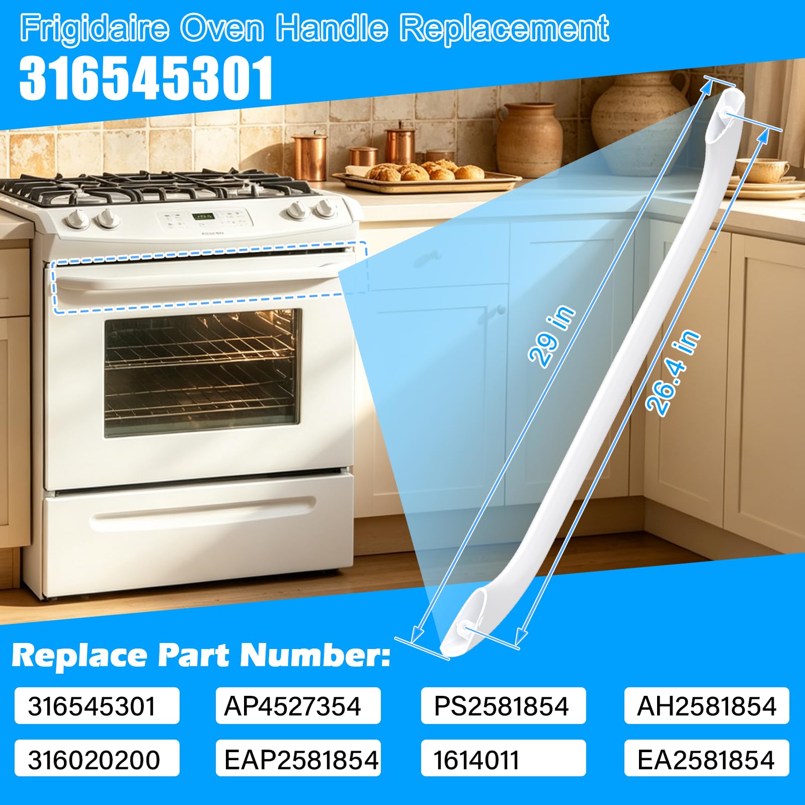 Manija de puerta de horno mejorada 316545301 de repuesto compatible con estufa eléctrica Frigidaire, color blanco