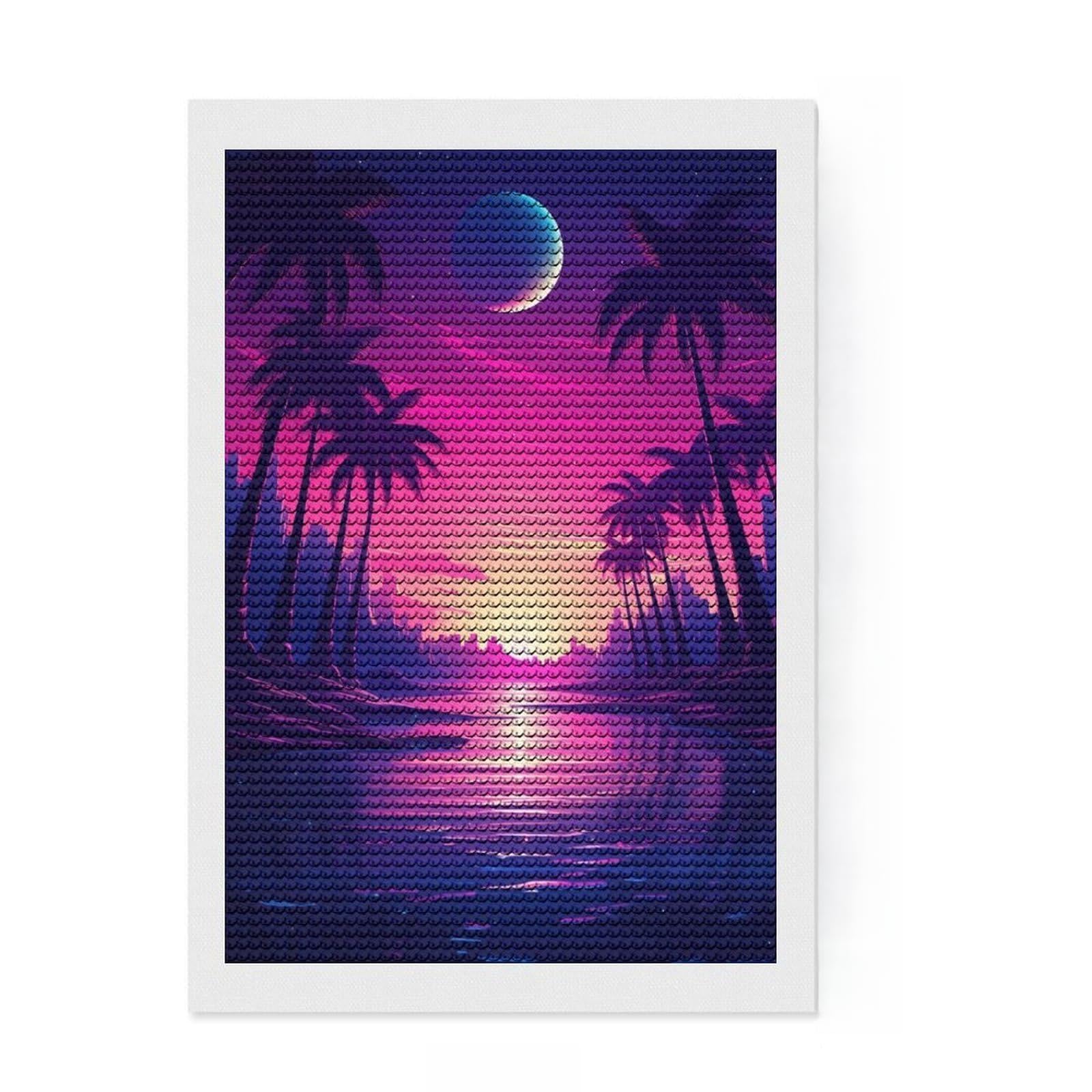 Junmoney Synthwave Sunset Sway Diamond Painting Set 8"x12", Mindful Craft Activity, Sparkling Round Gems, Living Room Decor, Birthday Gift