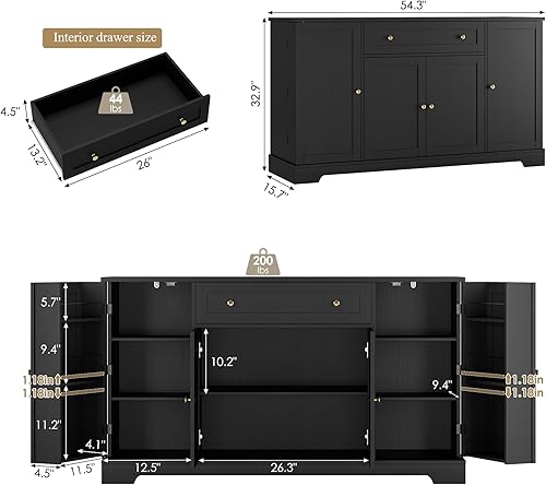 Miniatura 2 de HITHOS Armario de buffet de 54 pulgadas con almacenamiento, aparador de buffet de cocina moderno con cajón, barra de café de madera con estantes