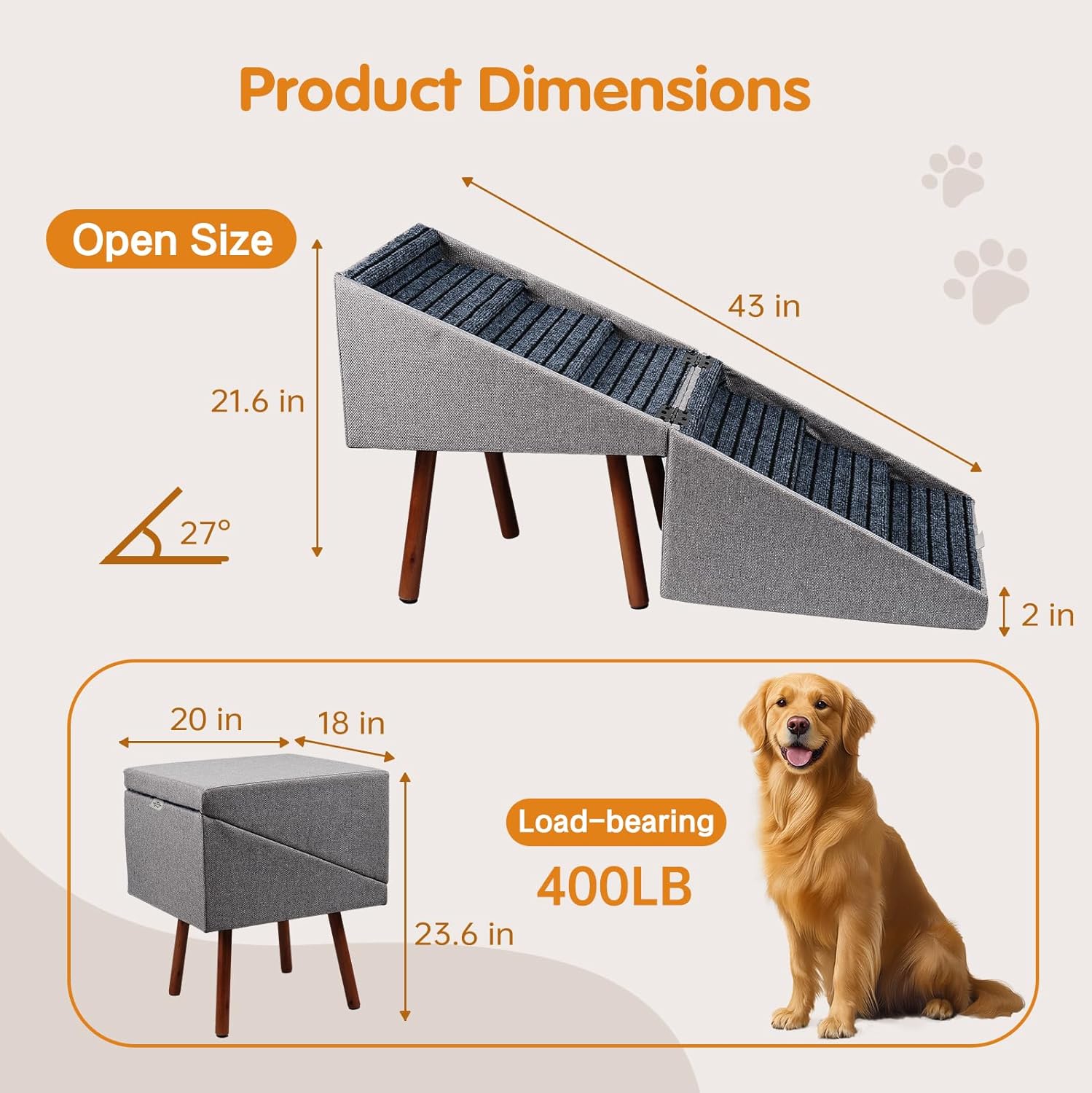 2-in-1 Dog Stairs for Bed and Couch, 21.6 Inch High,Foldable Ottoman with 6 Steps, Joint Relief for Small and Large Dogs (Gray H 21.6")