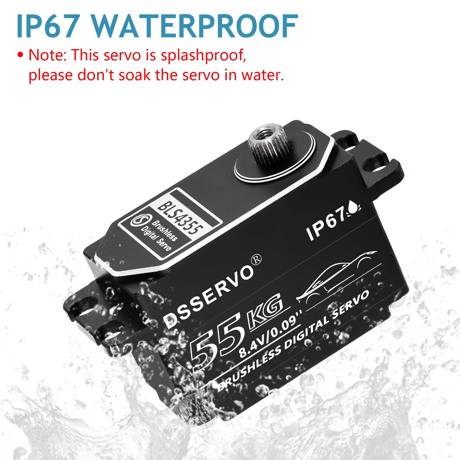 Servo sin escobillas de perfil bajo de 55 kg con 2 bocinas 25T de metal, IP67, impermeable, servo digital de alto par para coche RC de 1/8 1/10 1/12 1/14, 270°