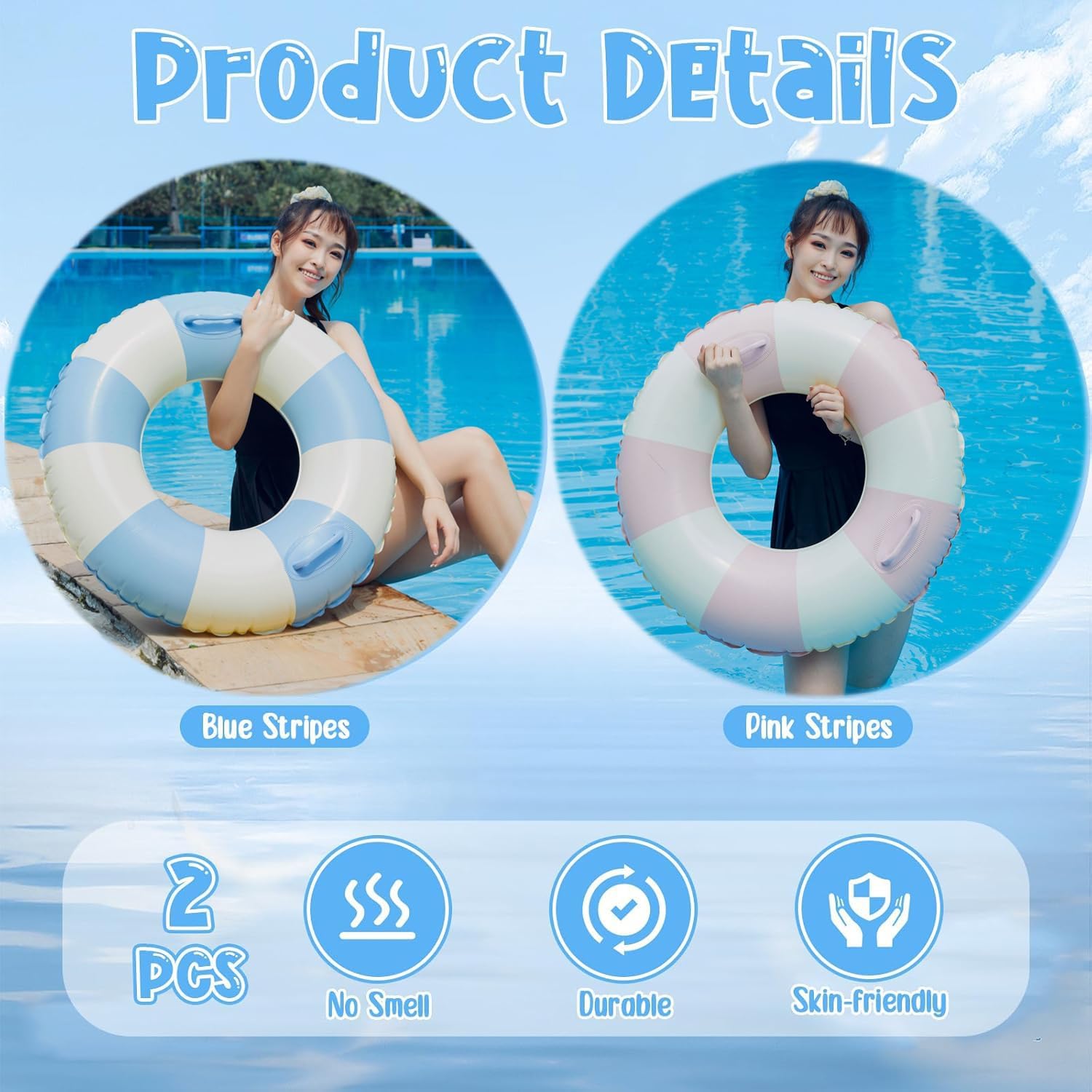 2PCS XL Fruit Pool Floats for Adult 47" Striped Swim Ring Pool Floaties Inflatable Swimming Pool Raft Party Water Summer Beach Lounger Float Party Supplies