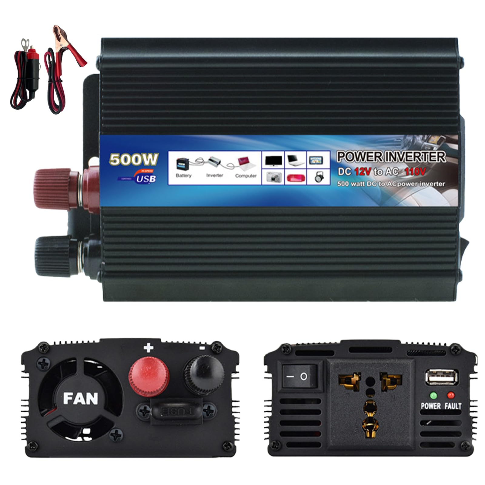 Inverter da 500 W, Dc 12 V a 220 V, convertitore di corrente per auto, ricarica di computer portatili, telefoni cellulari e altri dispositivi (nero)